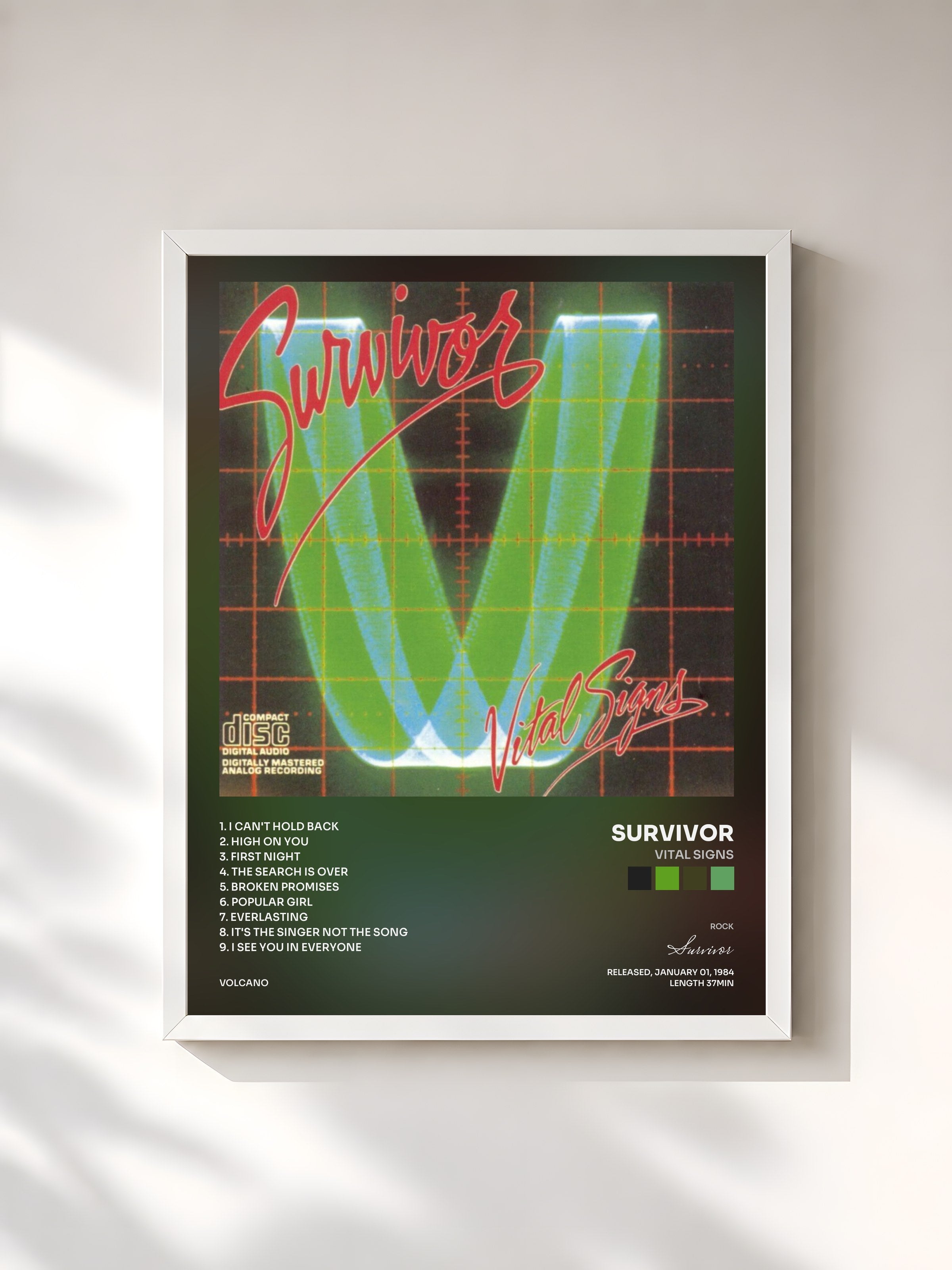 #blanc Tableau de l'album Vital Signs de Survivor, cadre blanc, imprimé et encadré en France