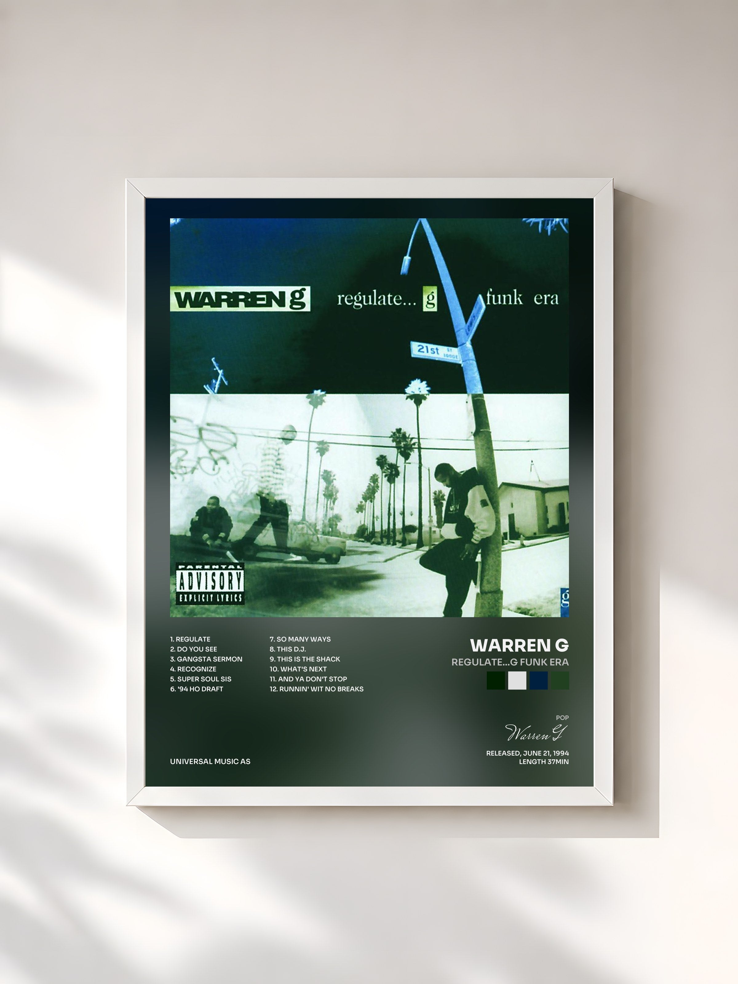 #blanc Tableau de l'album Regulate...G Funk Era de Warren G, cadre blanc, imprimé et encadré en France