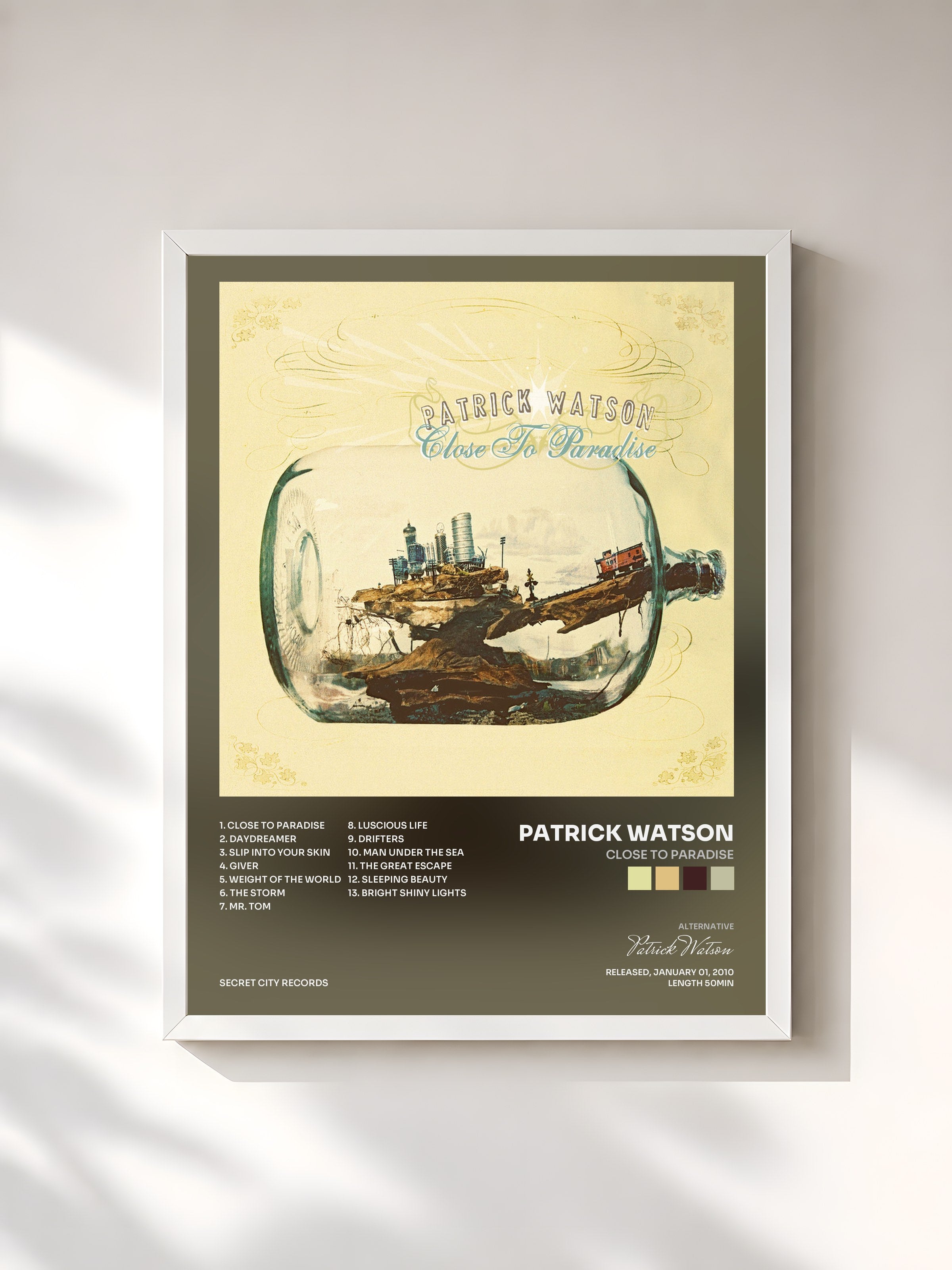 #blanc Tableau de l'album Close to Paradise de Patrick Watson, cadre blanc, imprimé et encadré en France