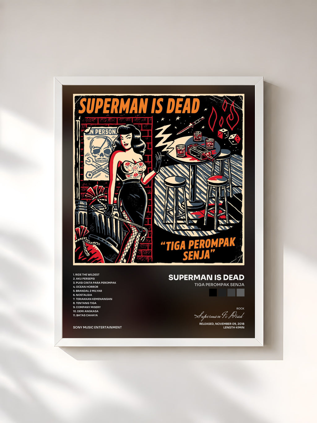 #blanc Tableau de l'album Tiga Perompak Senja de Superman Is Dead, cadre blanc, imprimé et encadré en France