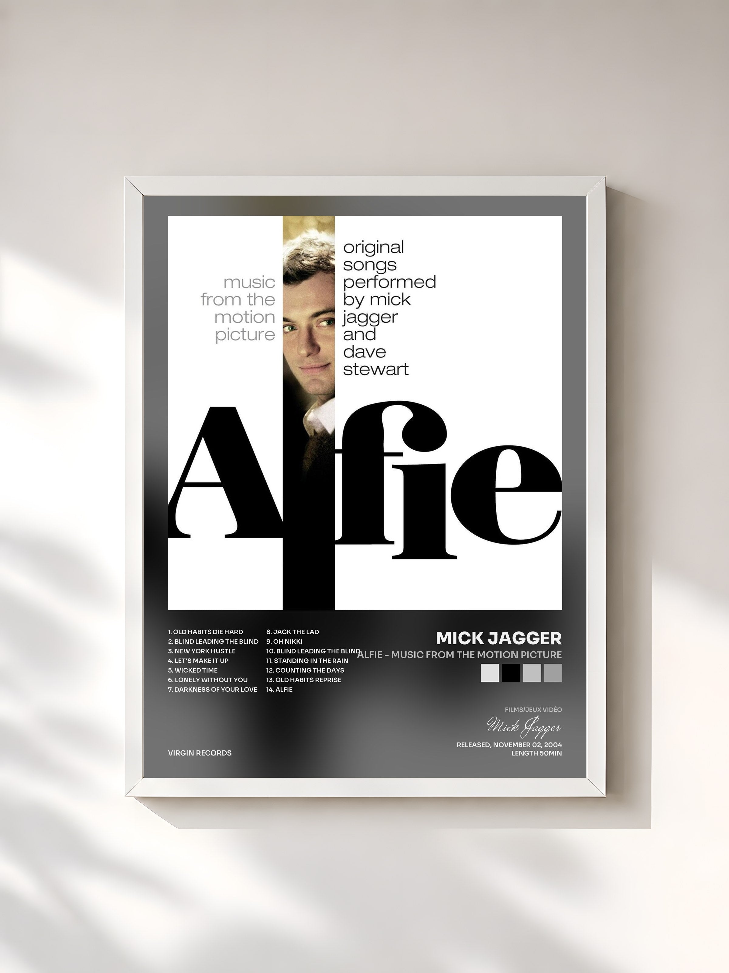 #blanc Tableau de l'album Alfie - Music From The Motion Picture de Mick Jagger, cadre blanc, imprimé et encadré en France