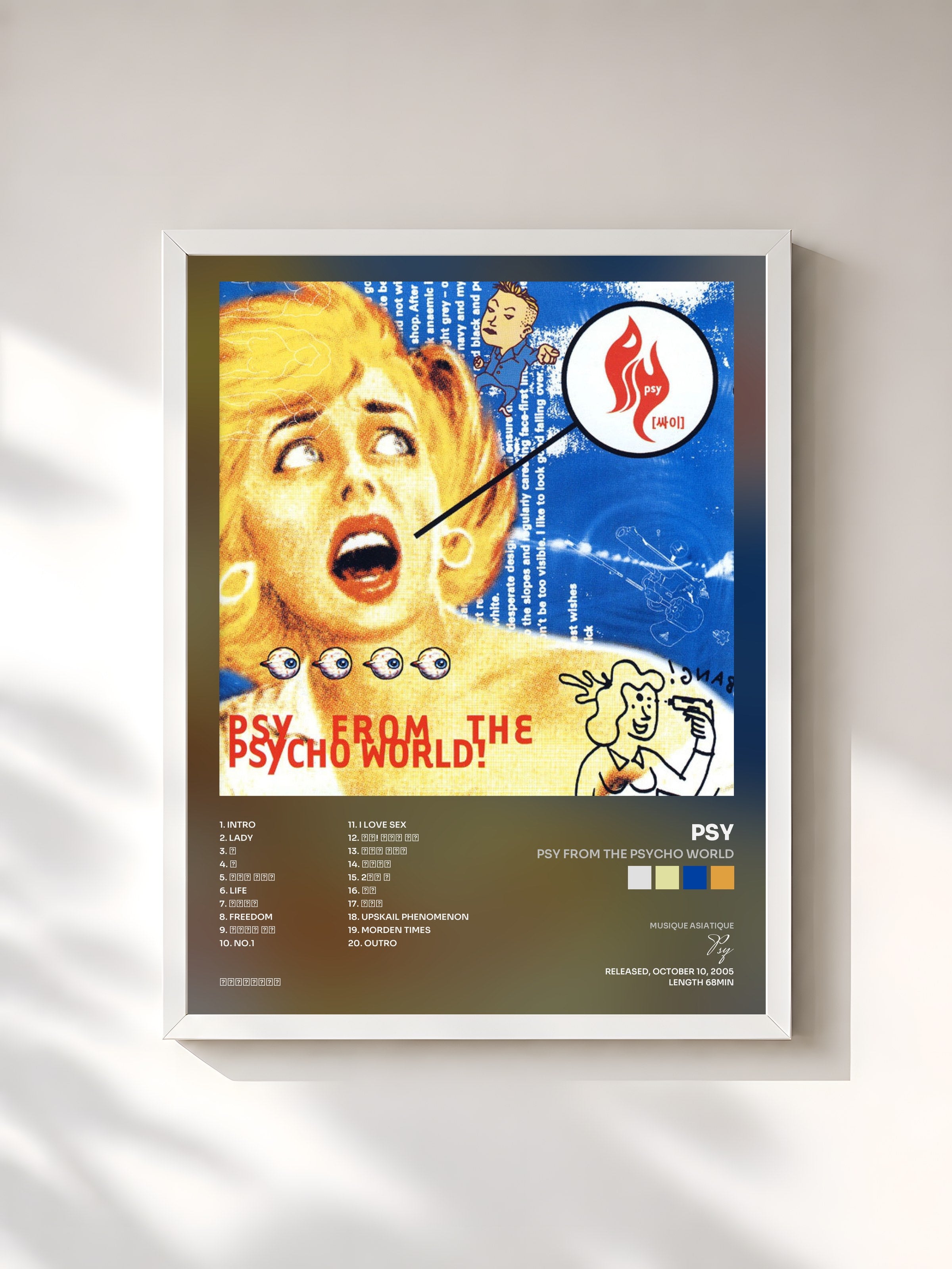 #blanc Tableau de l'album Psy From The Psycho World de Psy, cadre blanc, imprimé et encadré en France