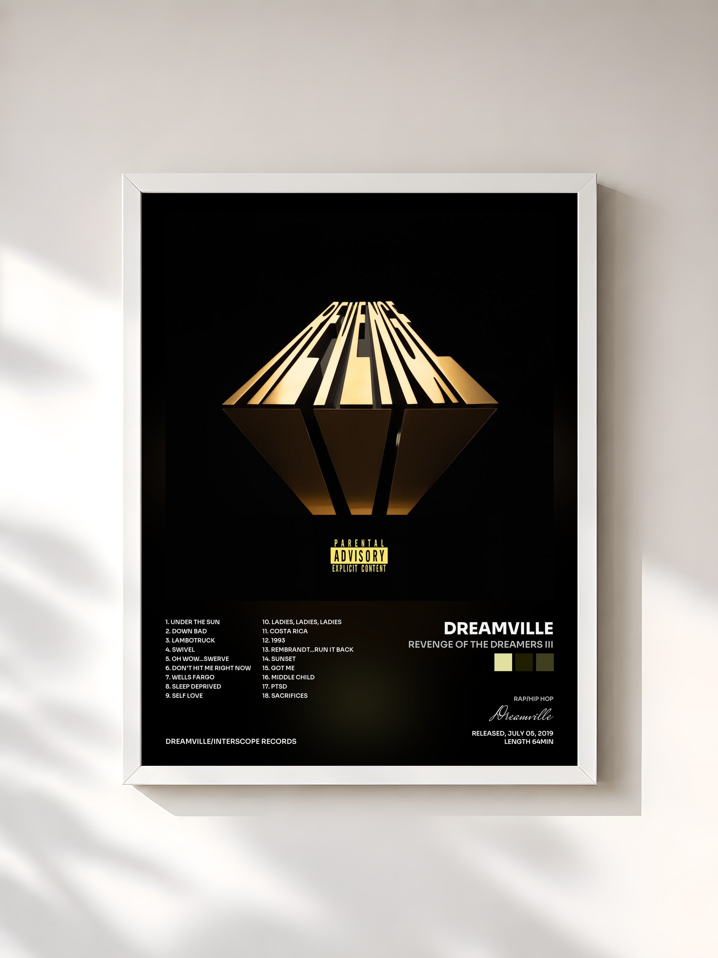 #blanc Tableau de l'album Revenge Of The Dreamers III de Dreamville, cadre blanc, imprimé et encadré en France