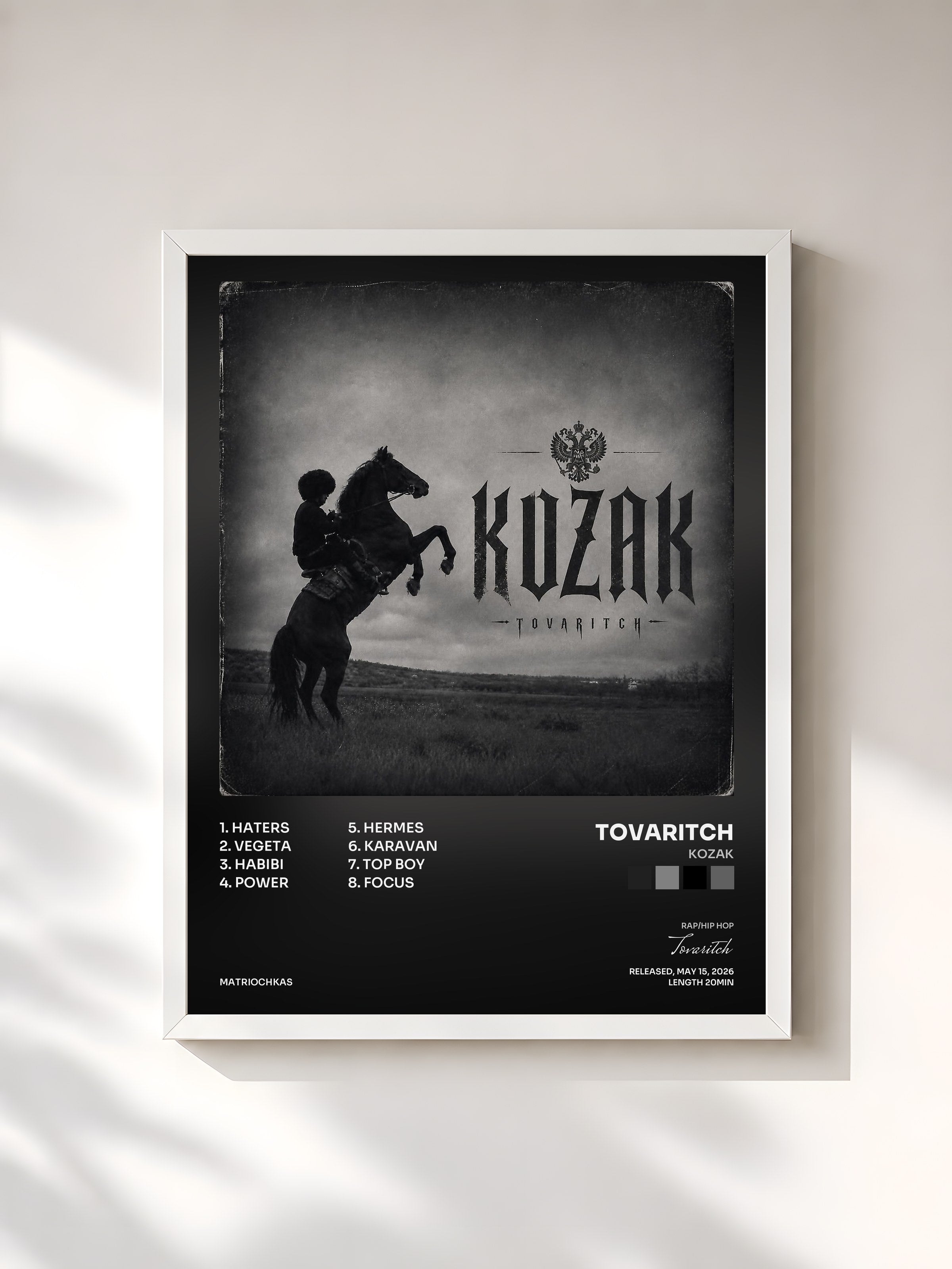 #blanc Tableau de l'album KOZAK de Tovaritch, cadre blanc, imprimé et encadré en France