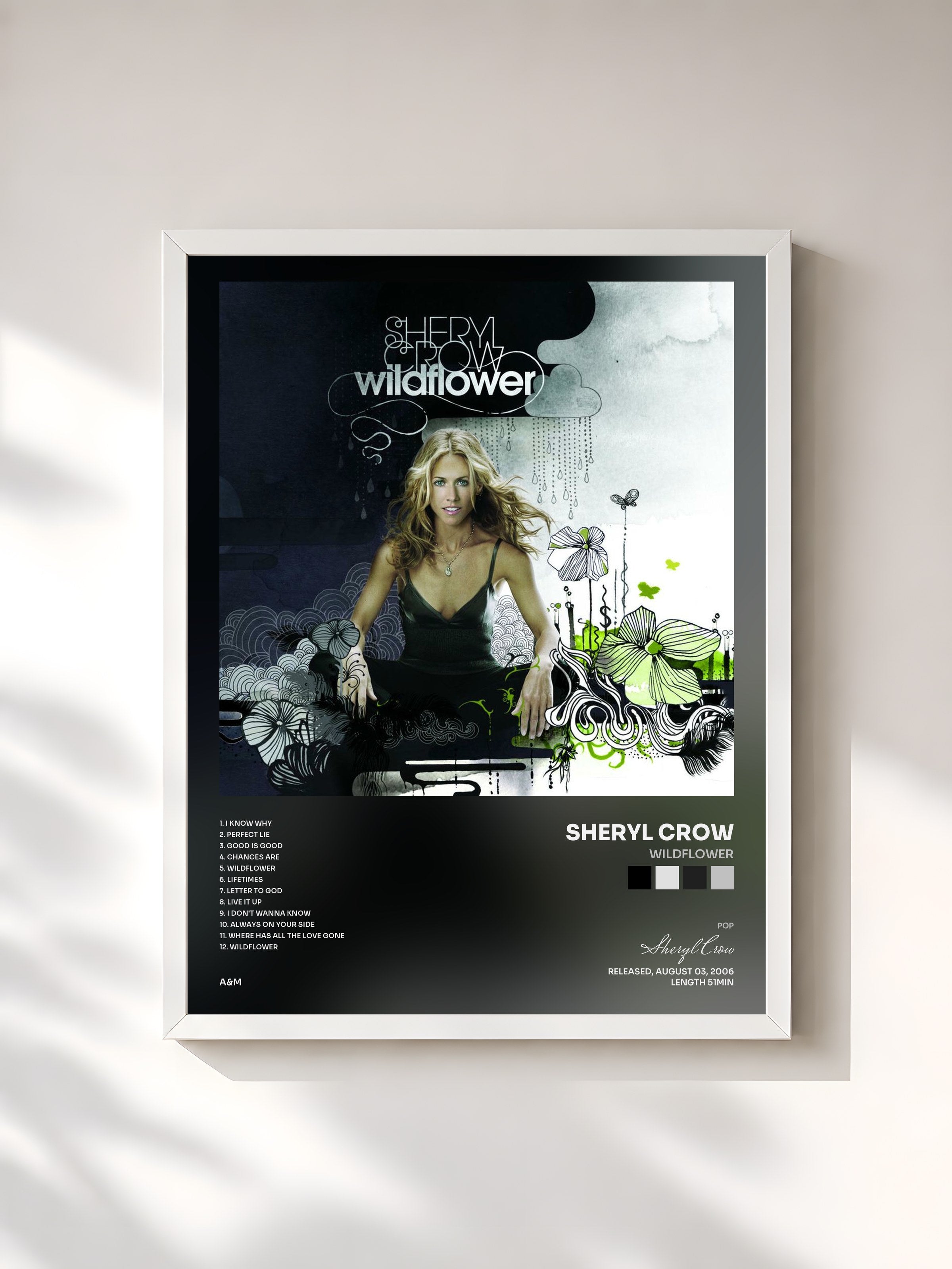 #blanc Tableau de l'album Wildflower de Sheryl Crow, cadre blanc, imprimé et encadré en France