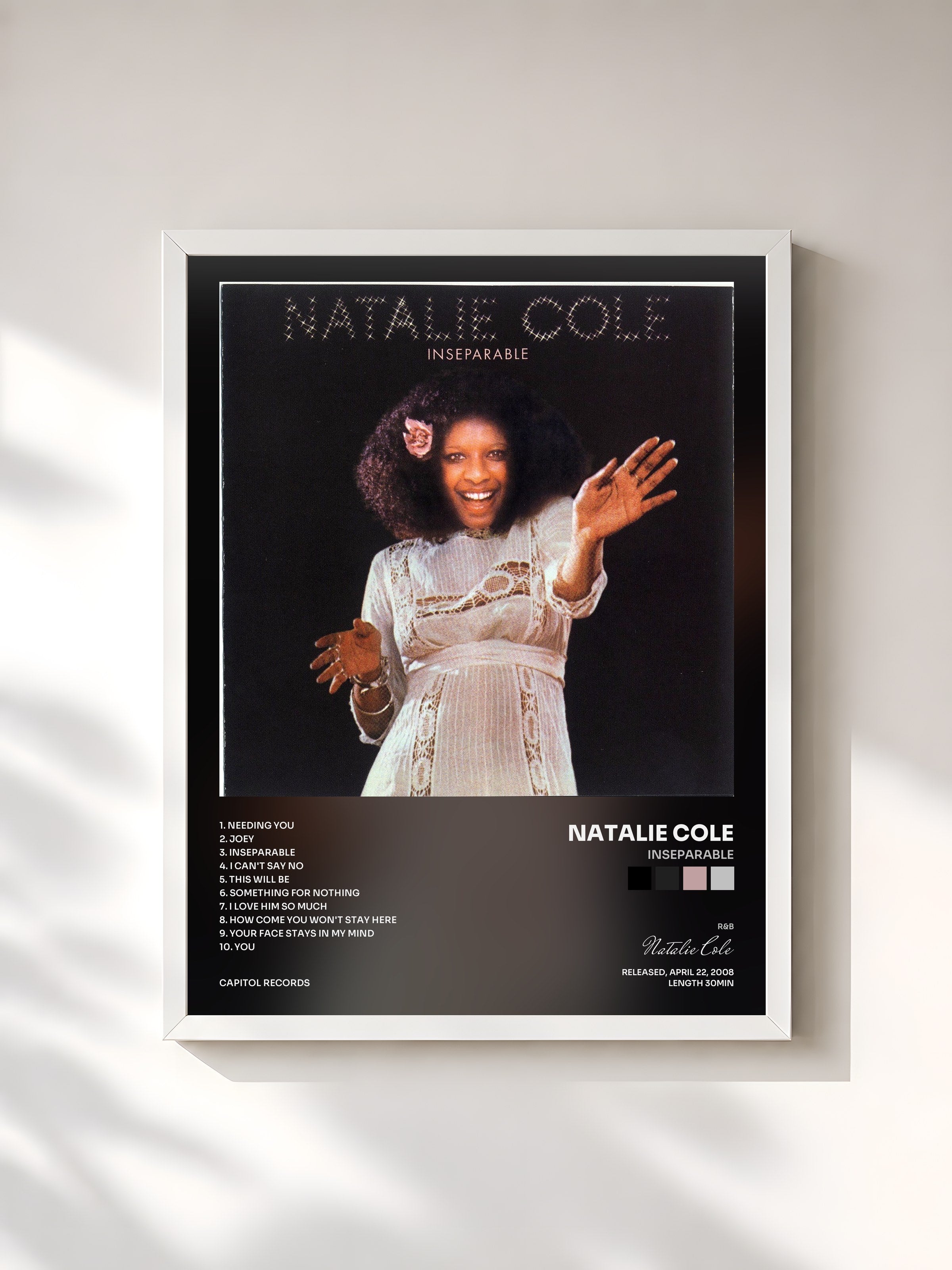 #blanc Tableau de l'album Inseparable de Natalie Cole, cadre blanc, imprimé et encadré en France