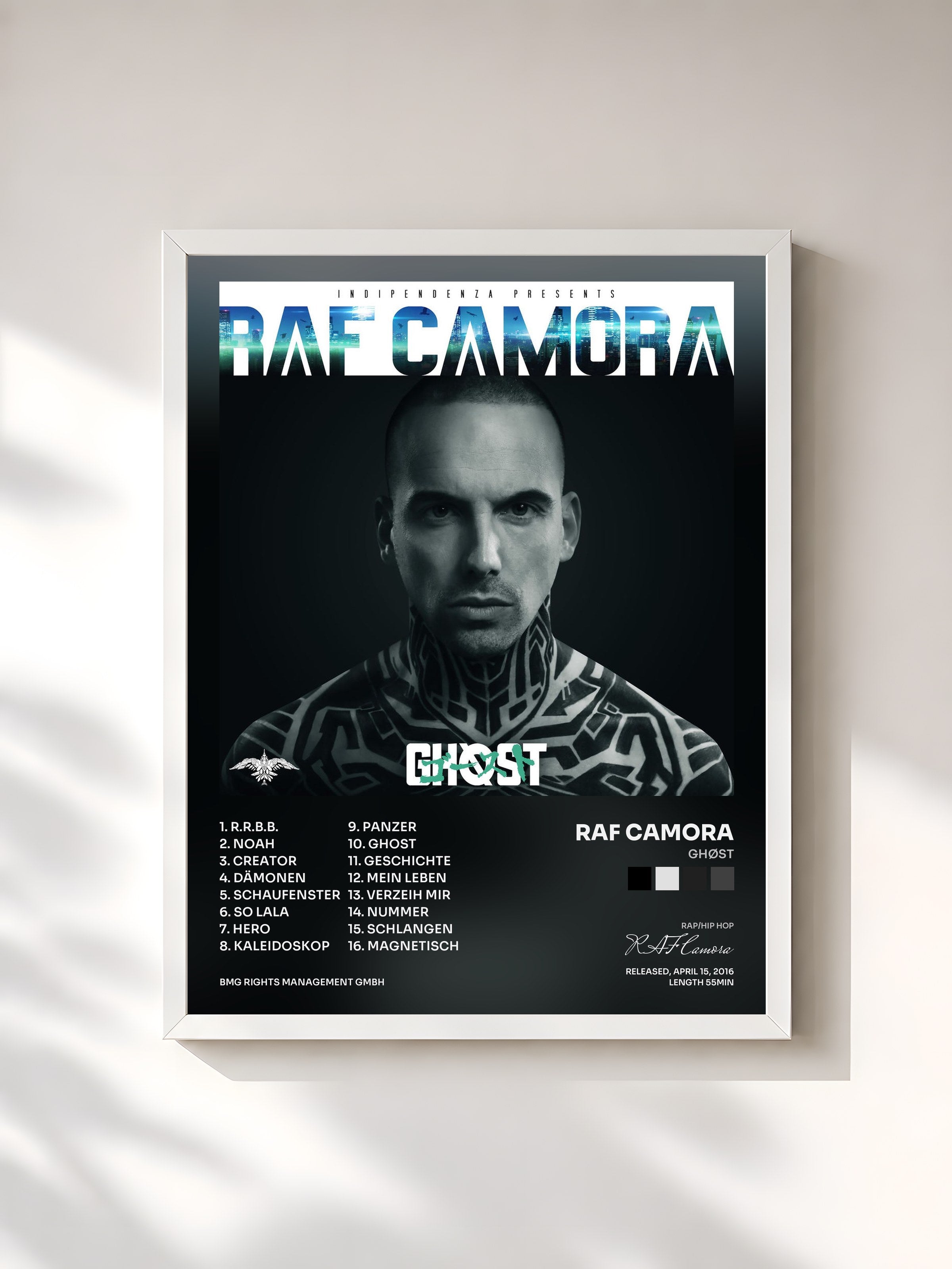 #blanc Tableau de l'album Ghøst de RAF Camora, cadre blanc, imprimé et encadré en France
