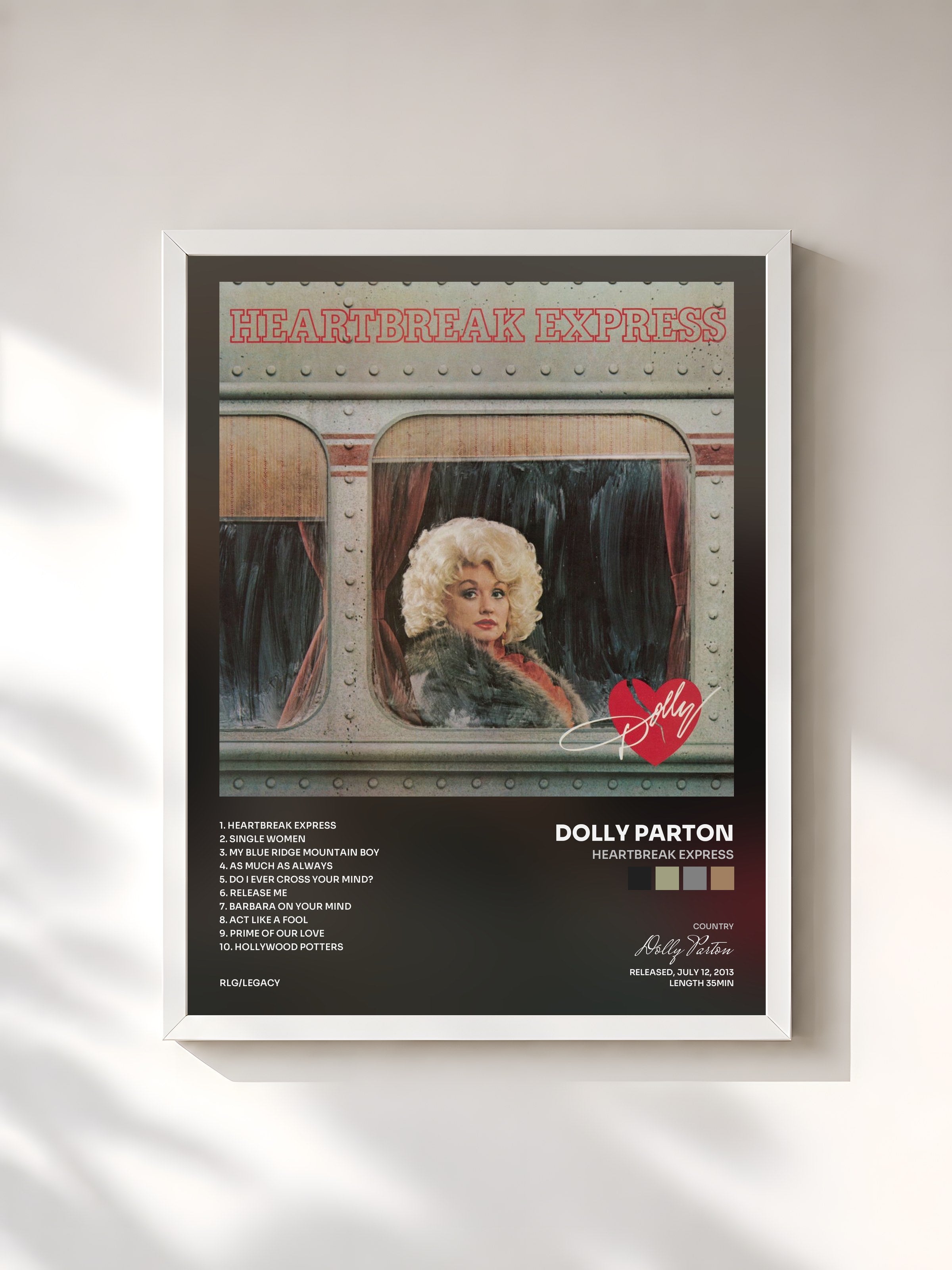 #blanc Tableau de l'album Heartbreak Express de Dolly Parton, cadre blanc, imprimé et encadré en France