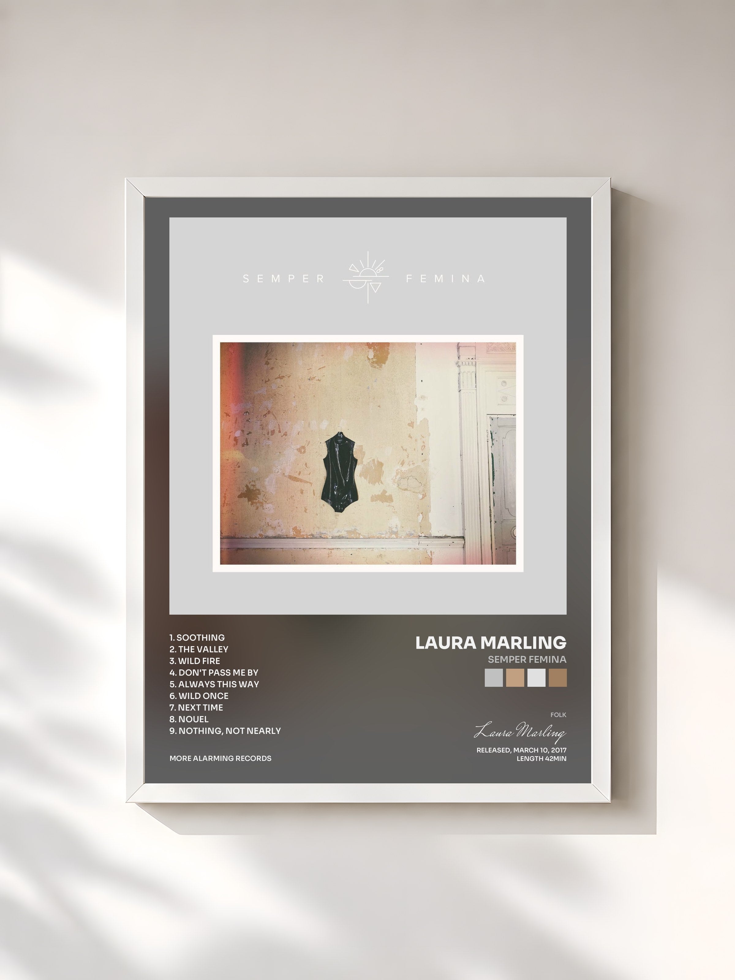 #blanc Tableau de l'album Semper Femina de Laura Marling, cadre blanc, imprimé et encadré en France