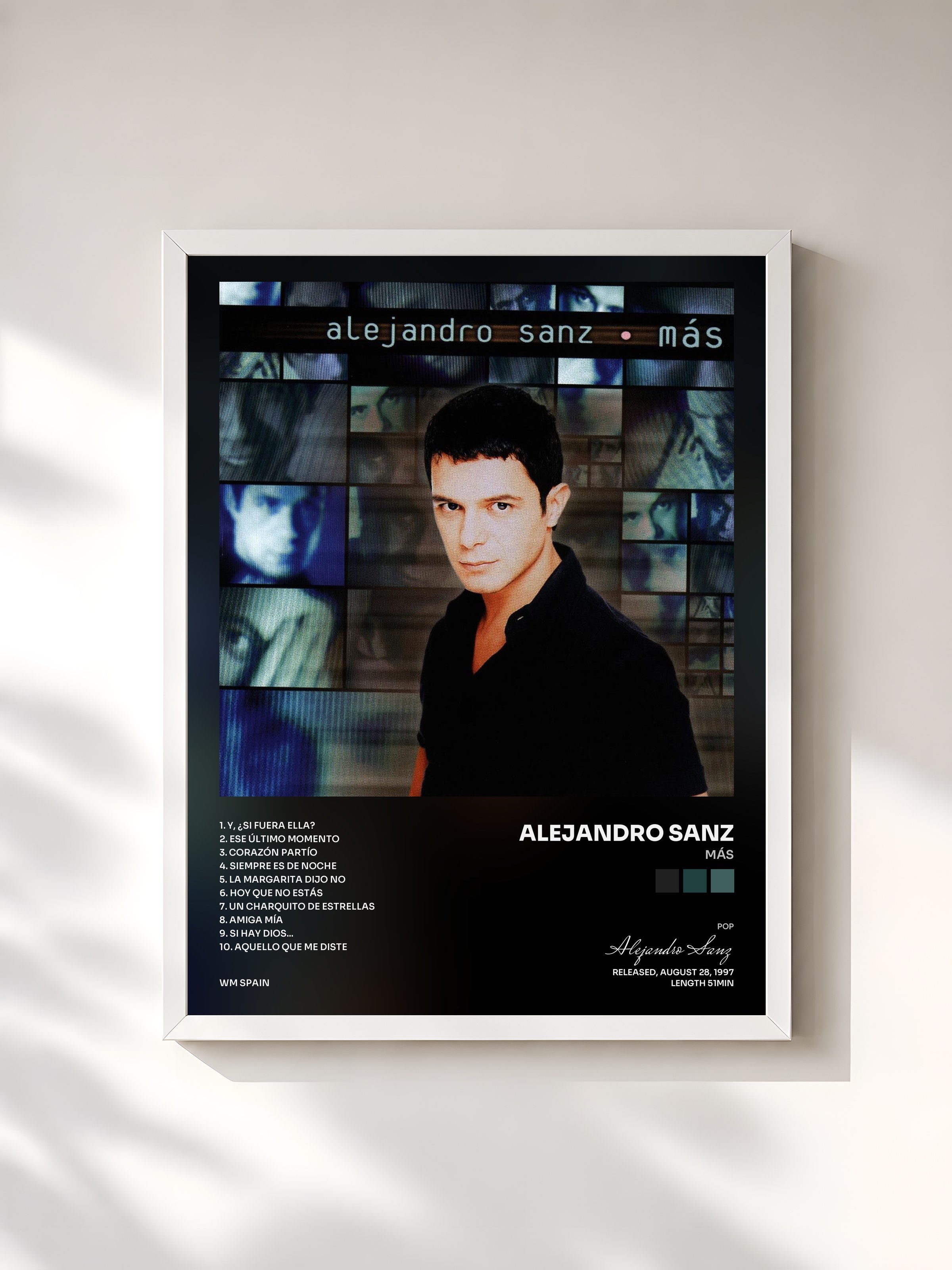 #blanc Tableau de l'album Más de Alejandro Sanz, cadre blanc, imprimé et encadré en France