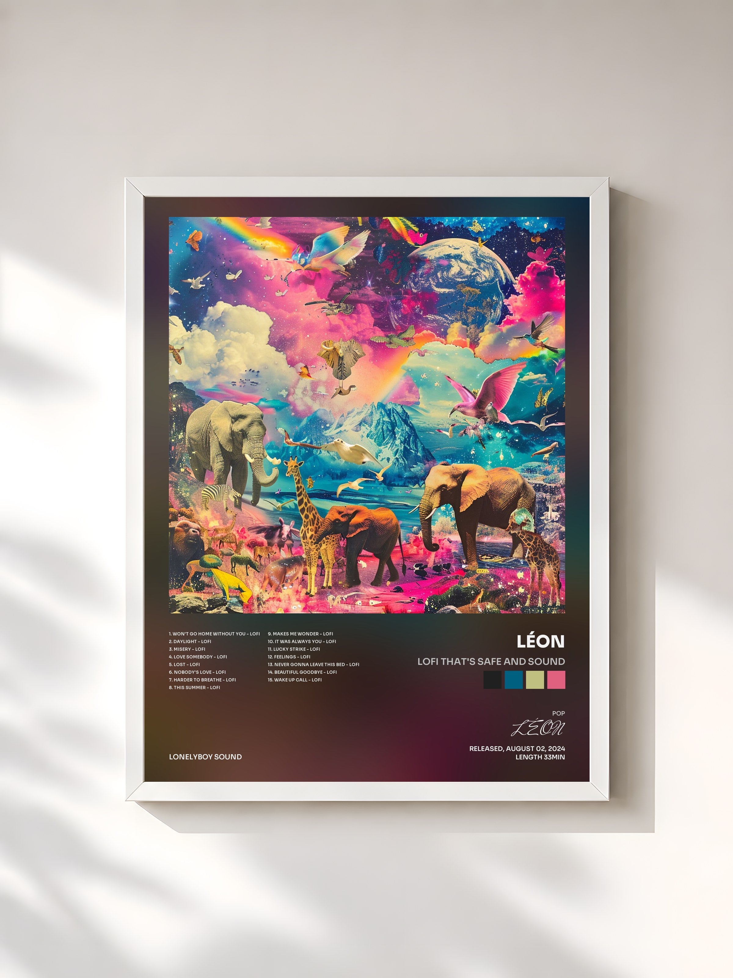 #blanc Tableau de l'album lofi that's safe and sound de LÉON, cadre blanc, imprimé et encadré en France