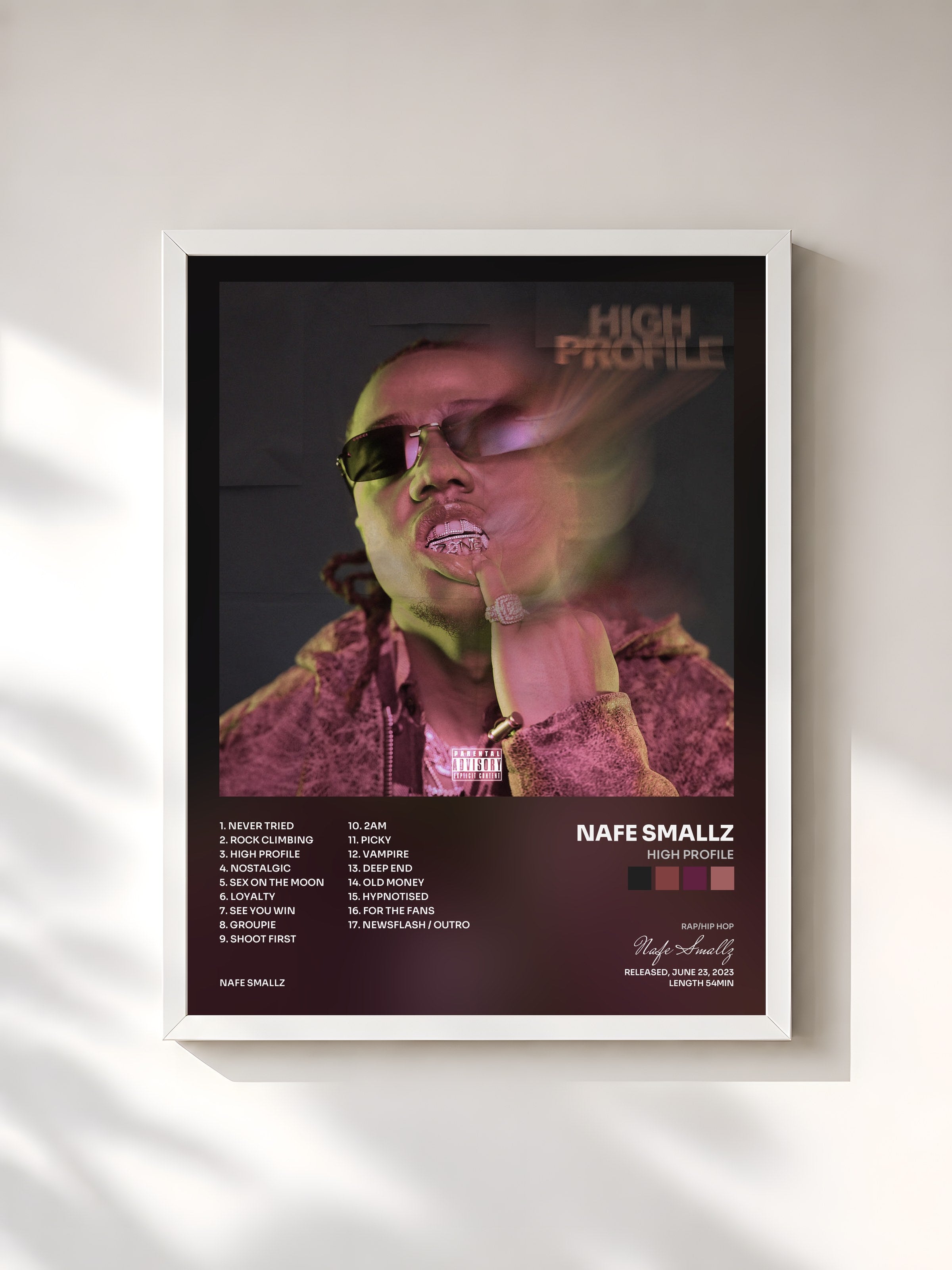 #blanc Tableau de l'album High Profile de Nafe Smallz, cadre blanc, imprimé et encadré en France