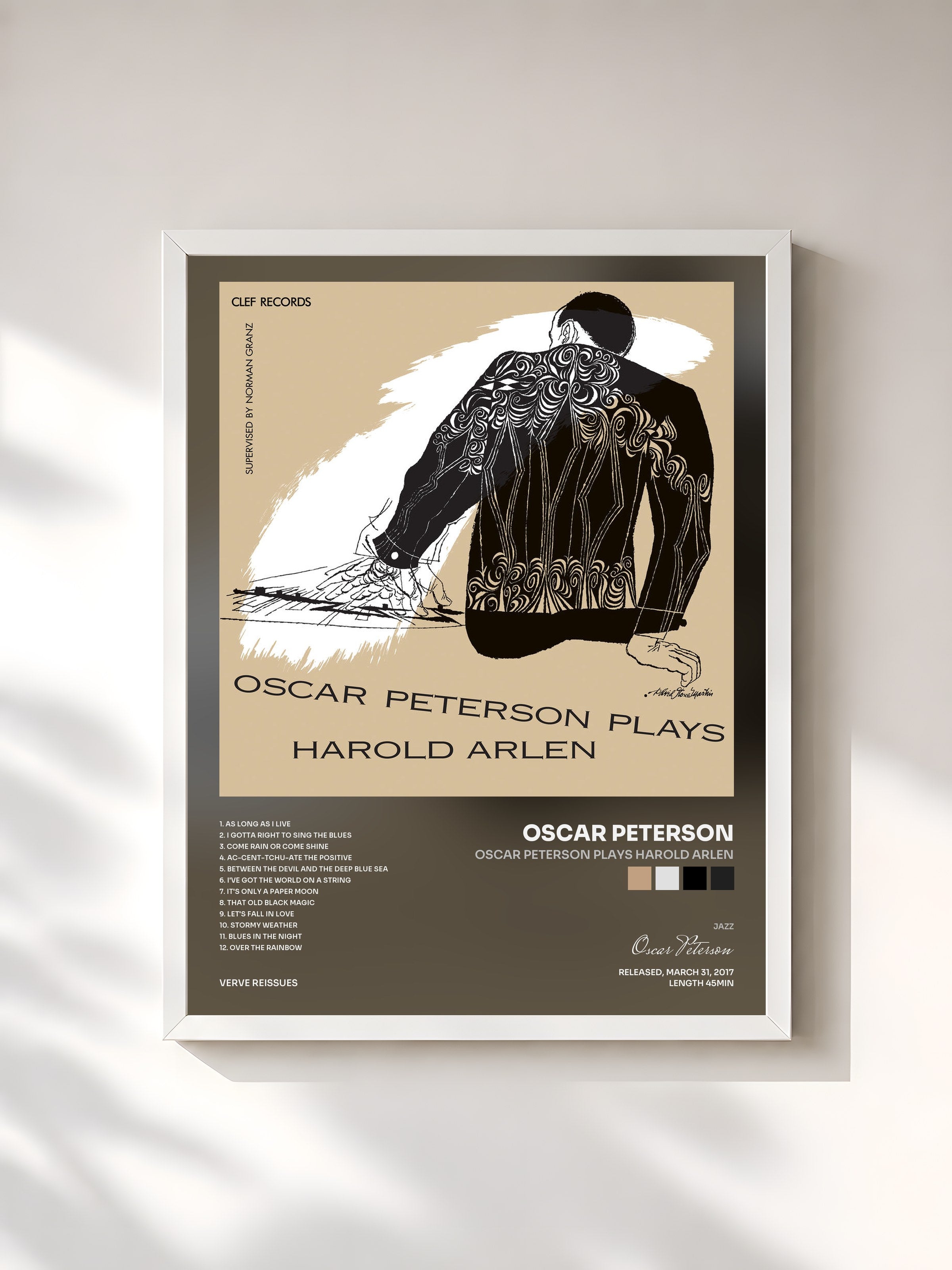 #blanc Tableau de l'album Oscar Peterson Plays Harold Arlen de Oscar Peterson, cadre blanc, imprimé et encadré en France