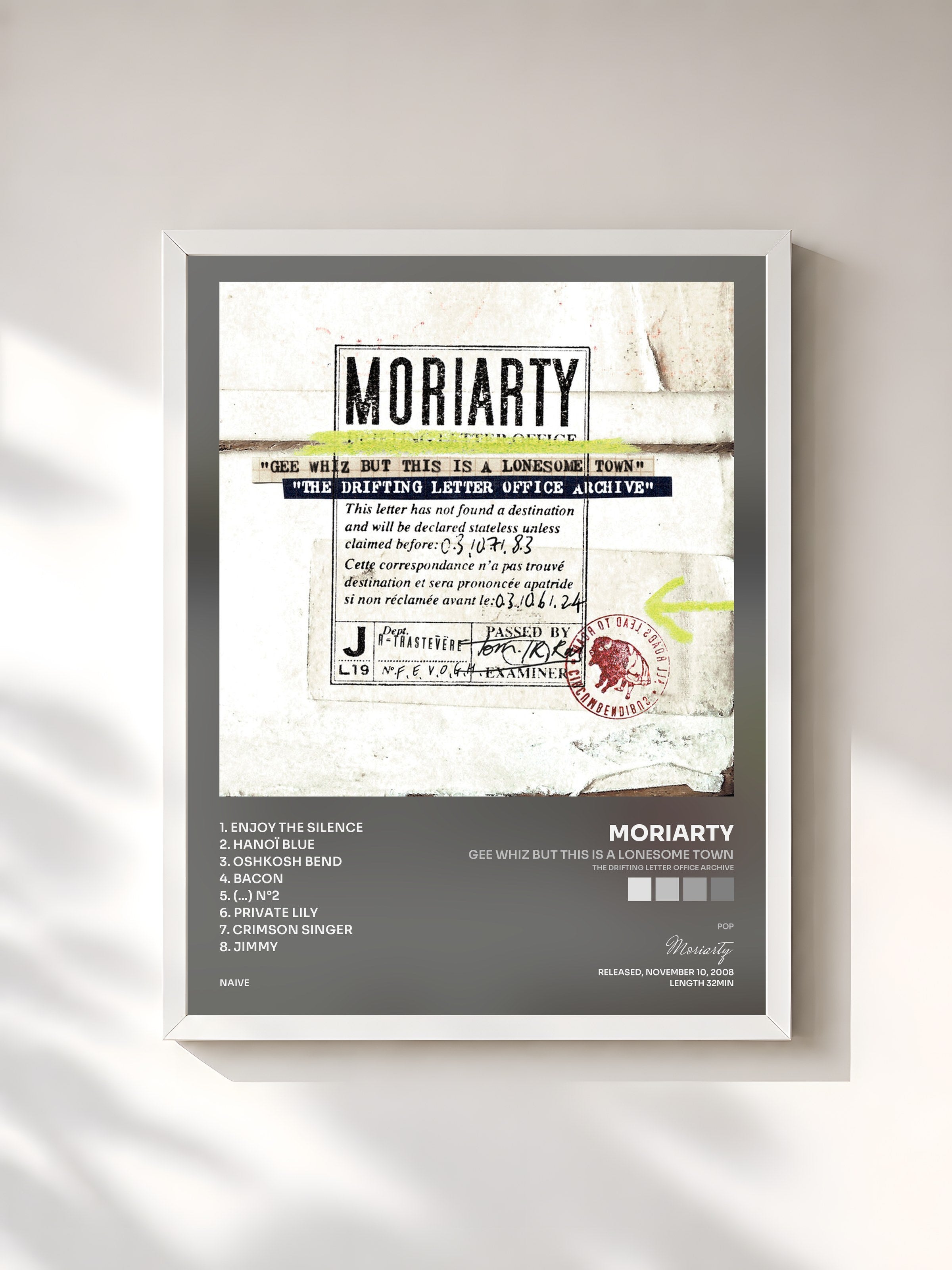 #blanc Tableau de l'album Gee Whiz but This Is a Lonesome Town (The Drifting Letter Office Archive) de Moriarty, cadre blanc, imprimé et encadré en France