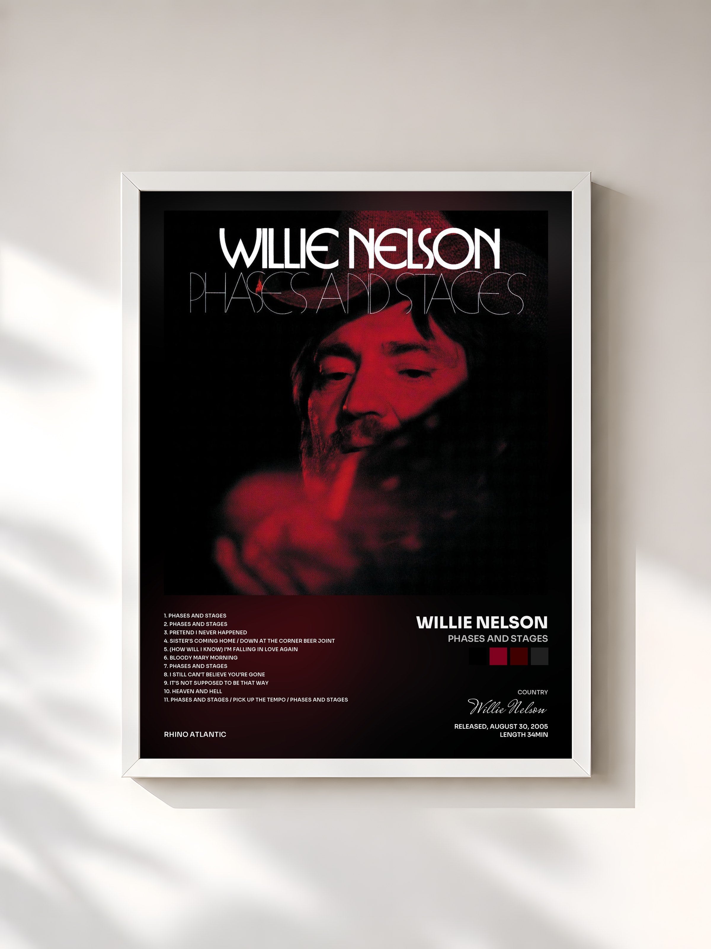 #blanc Tableau de l'album Phases And Stages de Willie Nelson, cadre blanc, imprimé et encadré en France