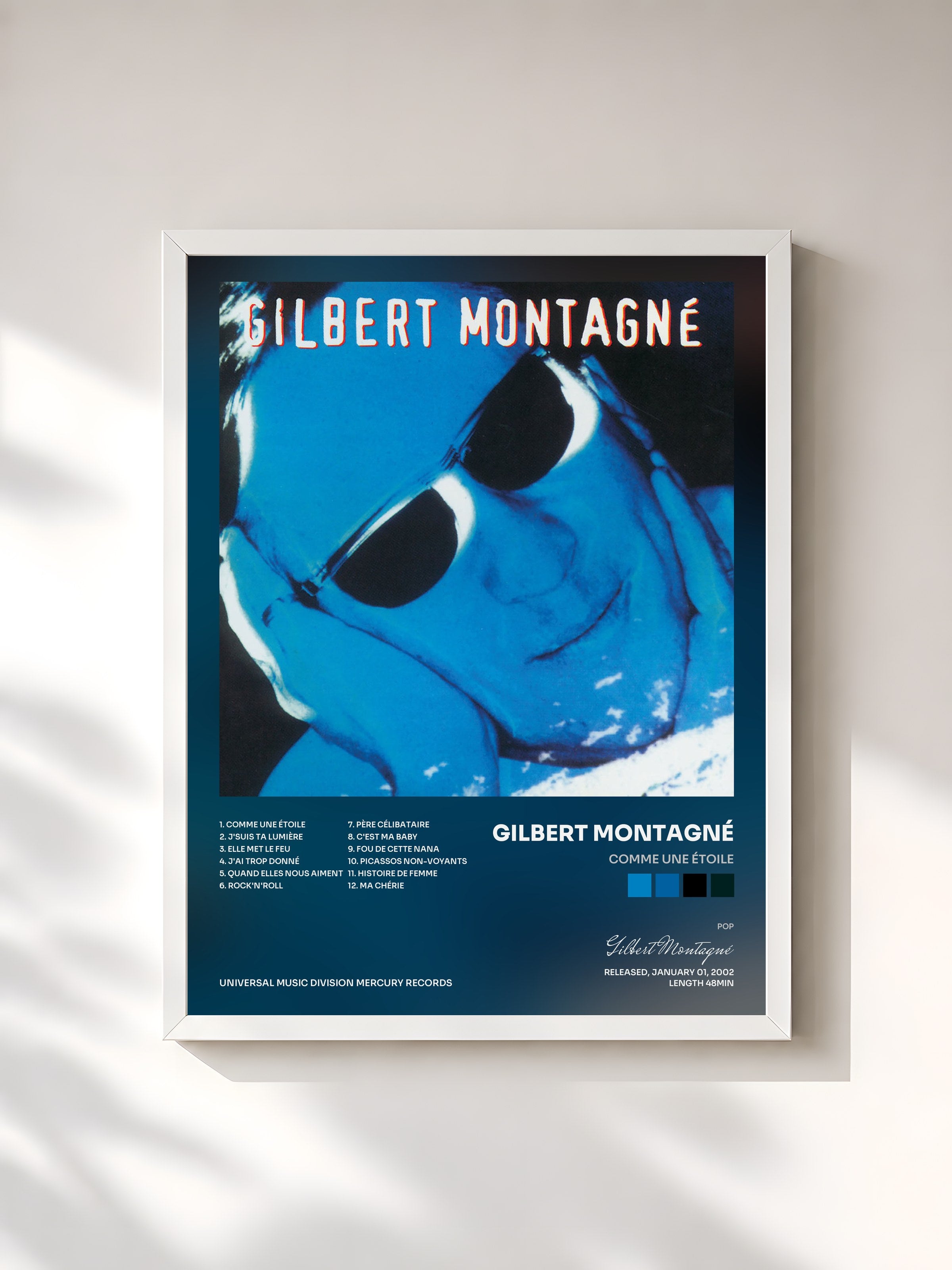#blanc Tableau de l'album Comme une étoile de Gilbert Montagné, cadre blanc, imprimé et encadré en France