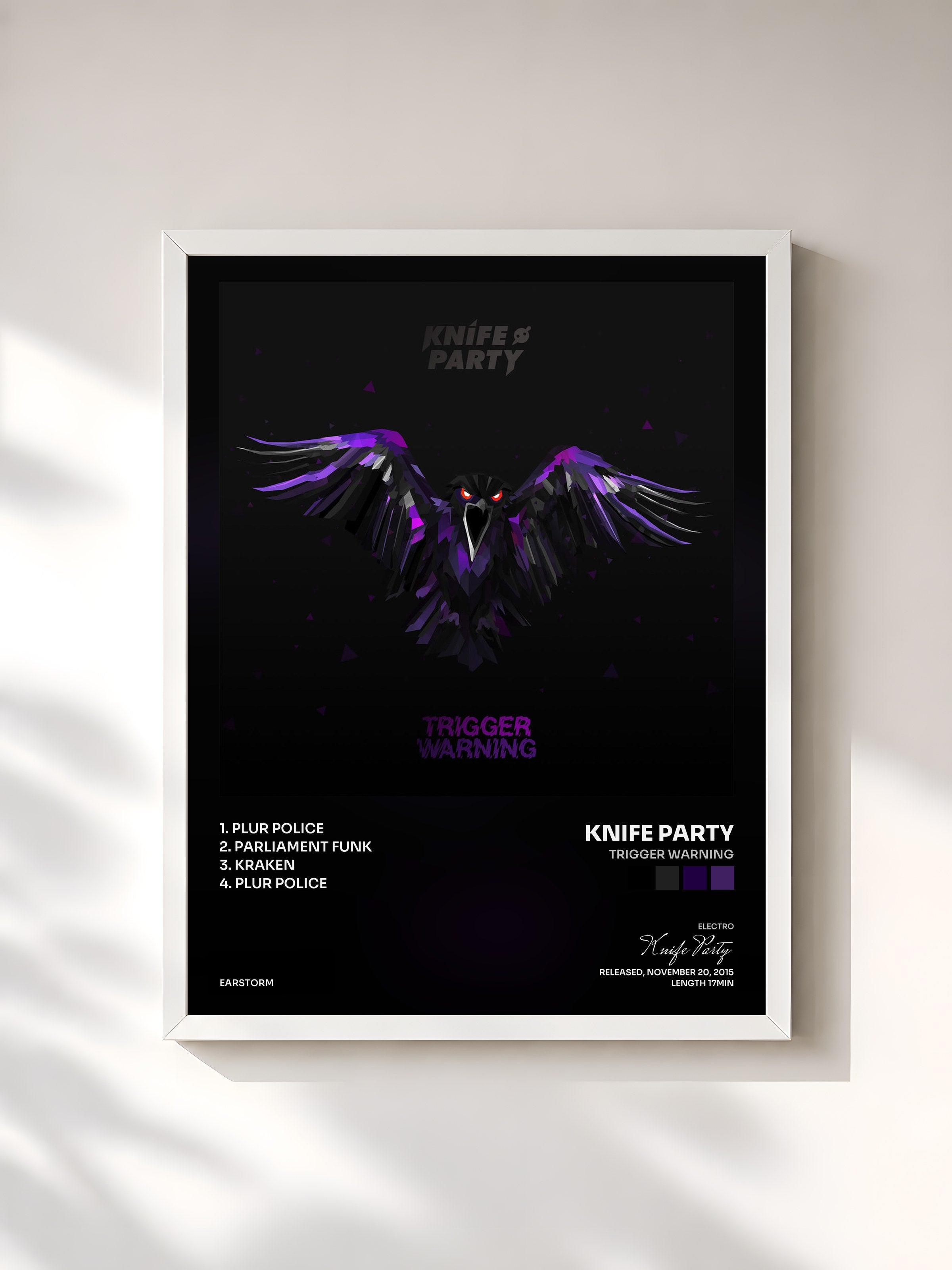 #blanc Tableau de l'album Trigger Warning de Knife Party, cadre blanc, imprimé et encadré en France
