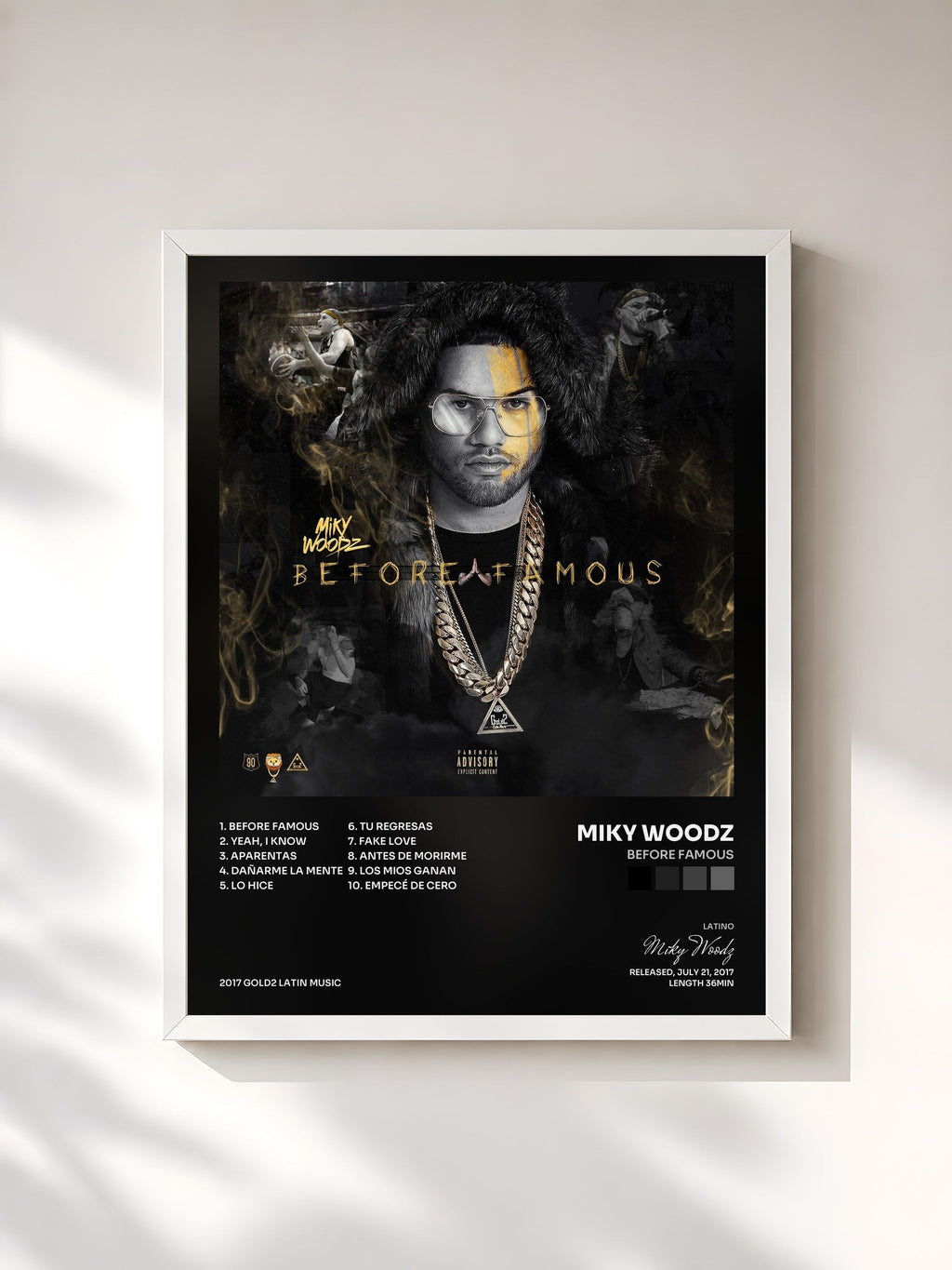 #blanc Tableau de l'album Before Famous de Miky Woodz, cadre blanc, imprimé et encadré en France