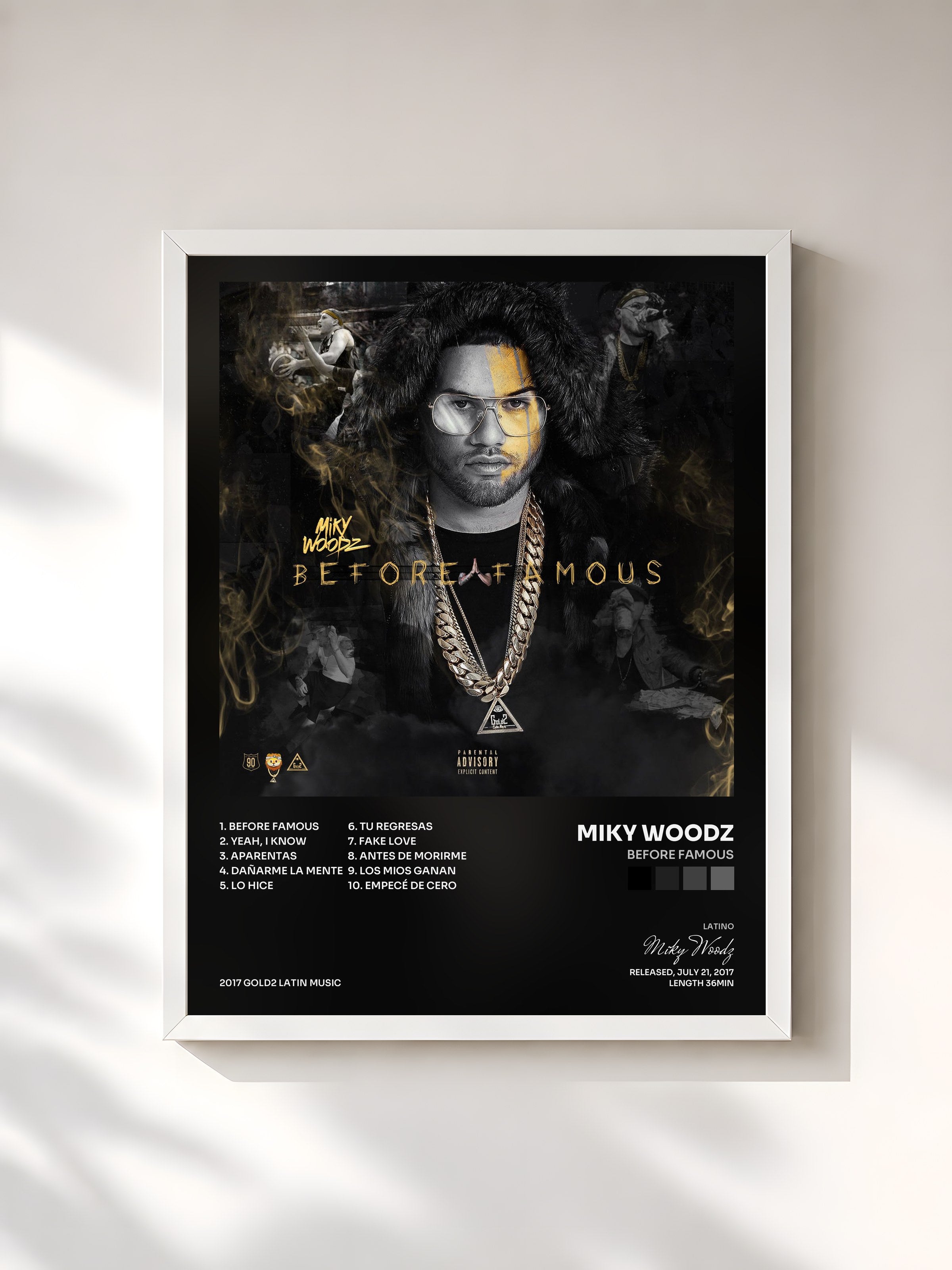 #blanc Tableau de l'album Before Famous de Miky Woodz, cadre blanc, imprimé et encadré en France