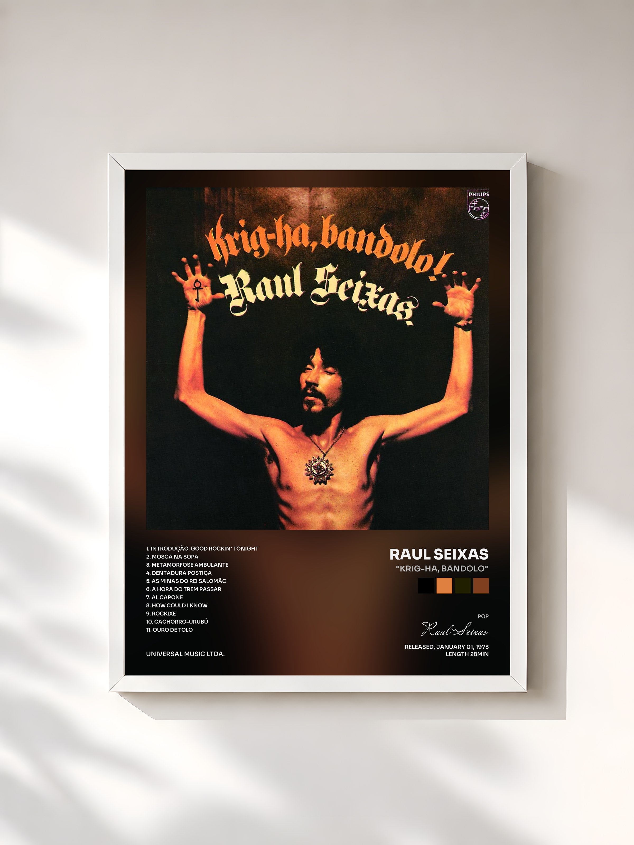 #blanc Tableau de l'album "Krig-Ha, Bandolo" de Raul Seixas, cadre blanc, imprimé et encadré en France