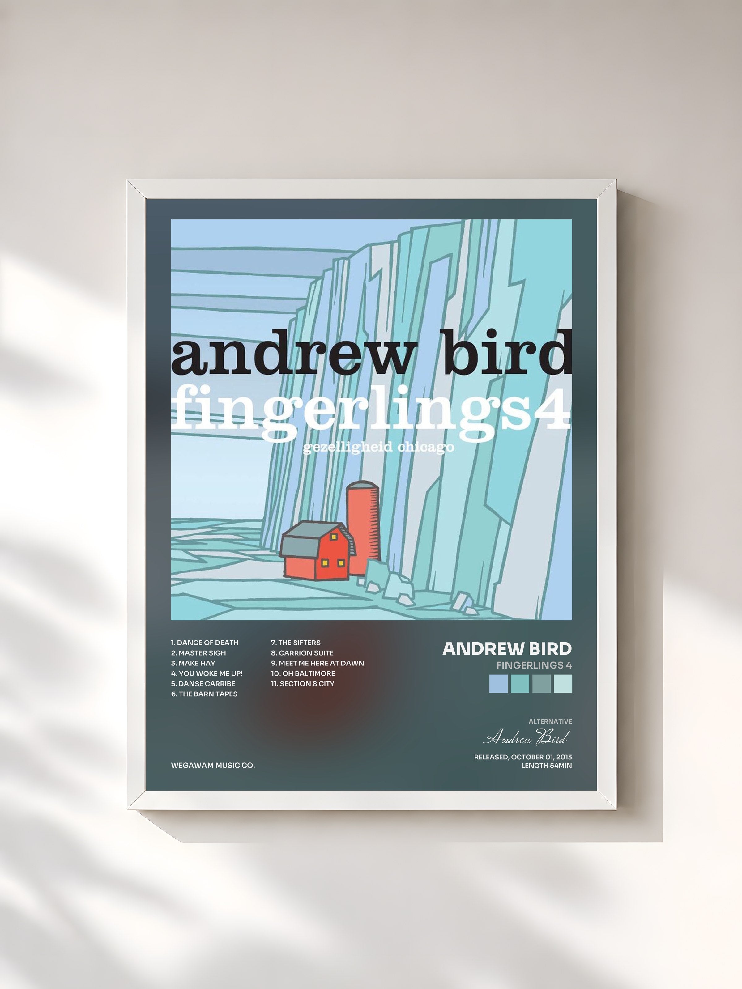 #blanc Tableau de l'album Fingerlings 4 de Andrew Bird, cadre blanc, imprimé et encadré en France