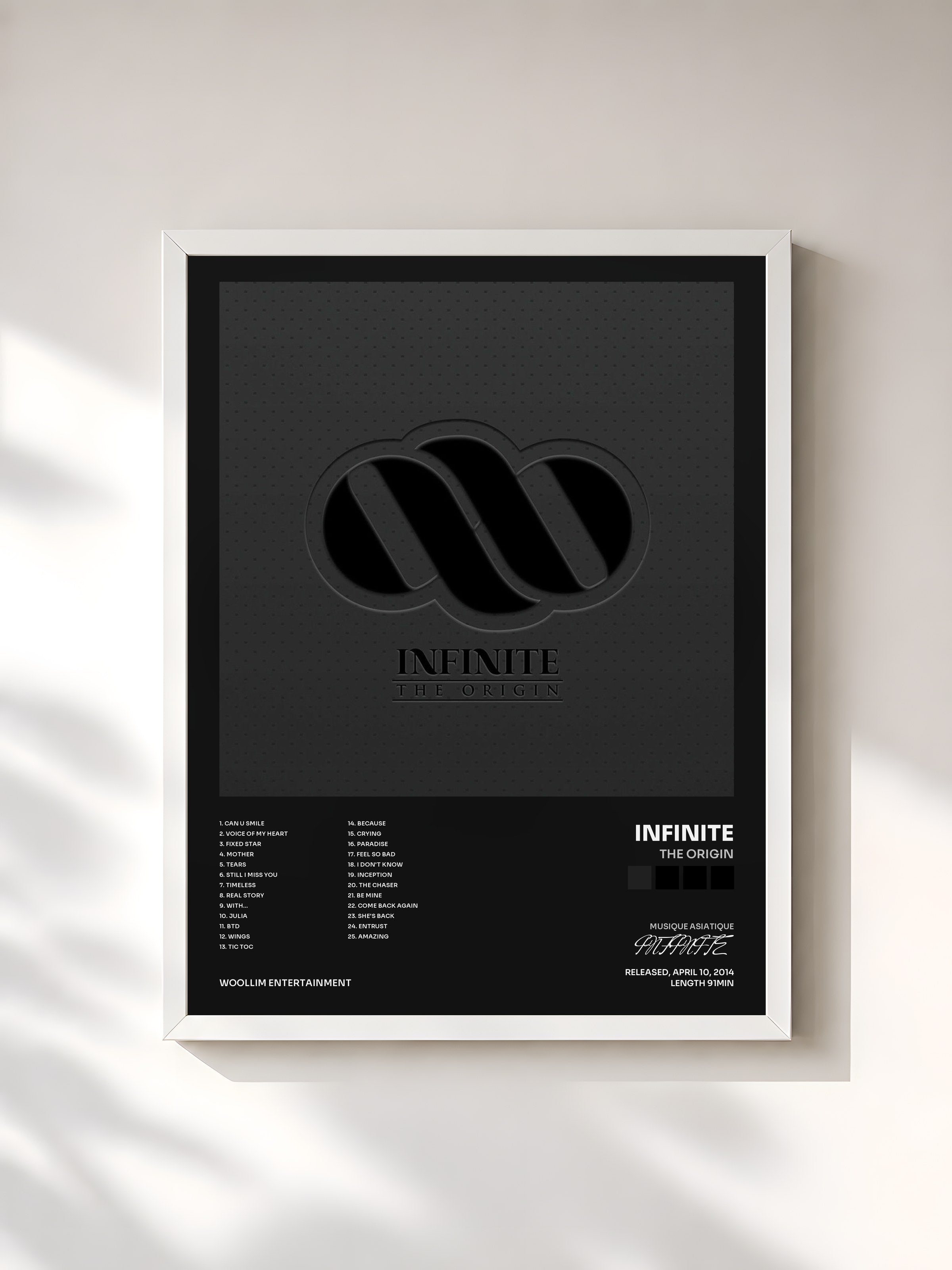 #blanc Tableau de l'album The Origin de INFINITE, cadre blanc, imprimé et encadré en France