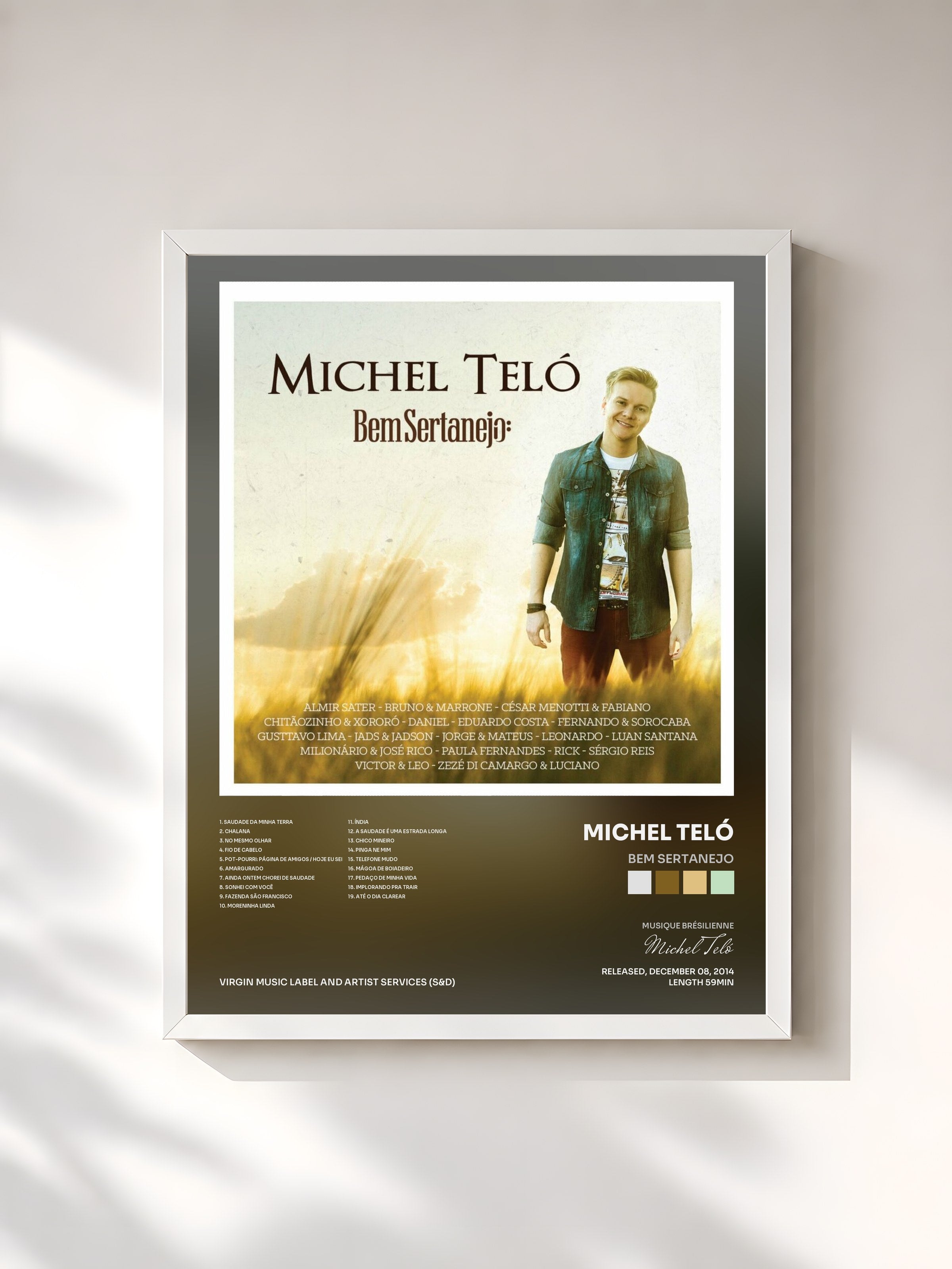 #blanc Tableau de l'album Bem Sertanejo de Michel Teló, cadre blanc, imprimé et encadré en France