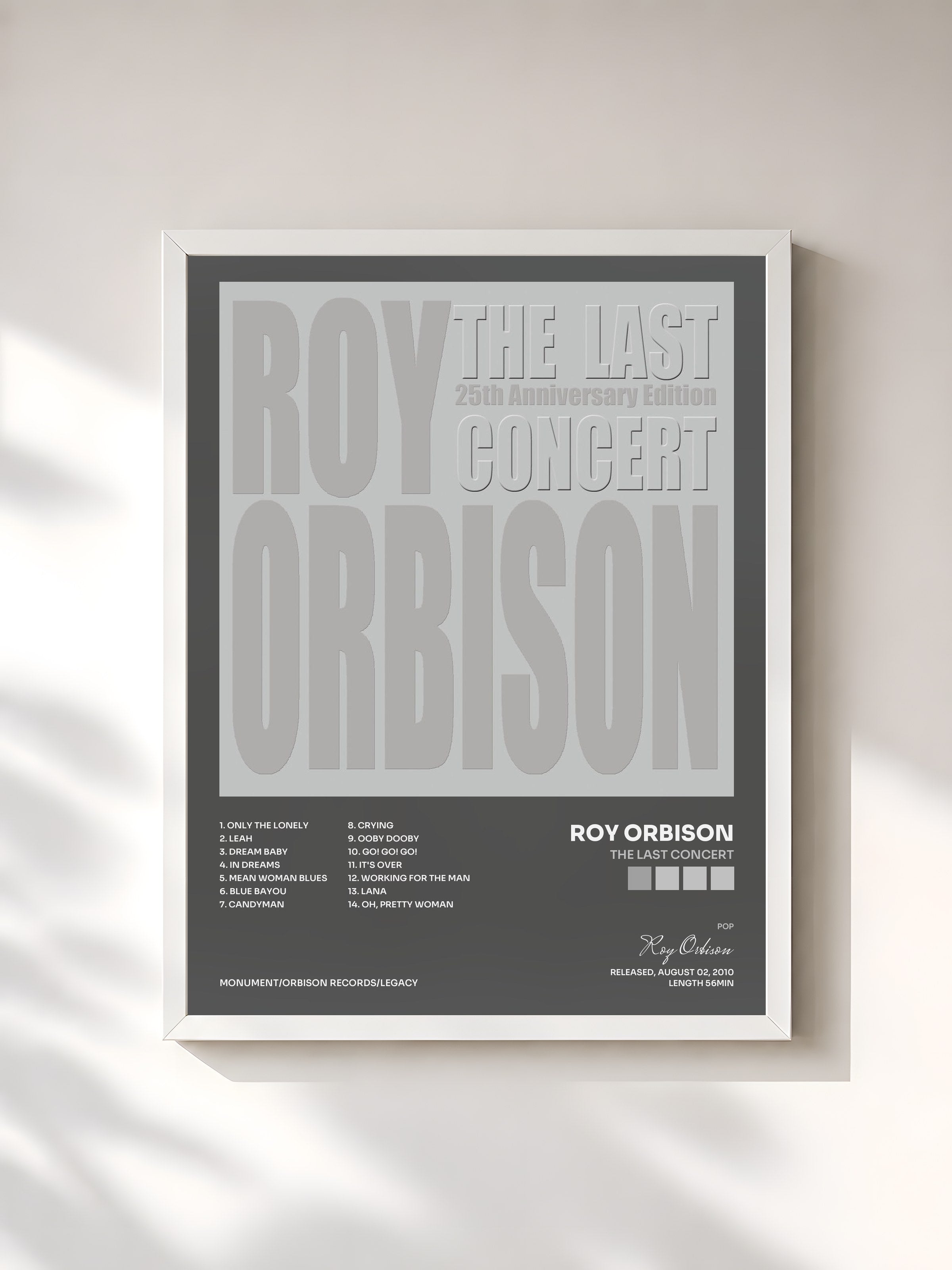 #blanc Tableau de l'album The Last Concert de Roy Orbison, cadre blanc, imprimé et encadré en France