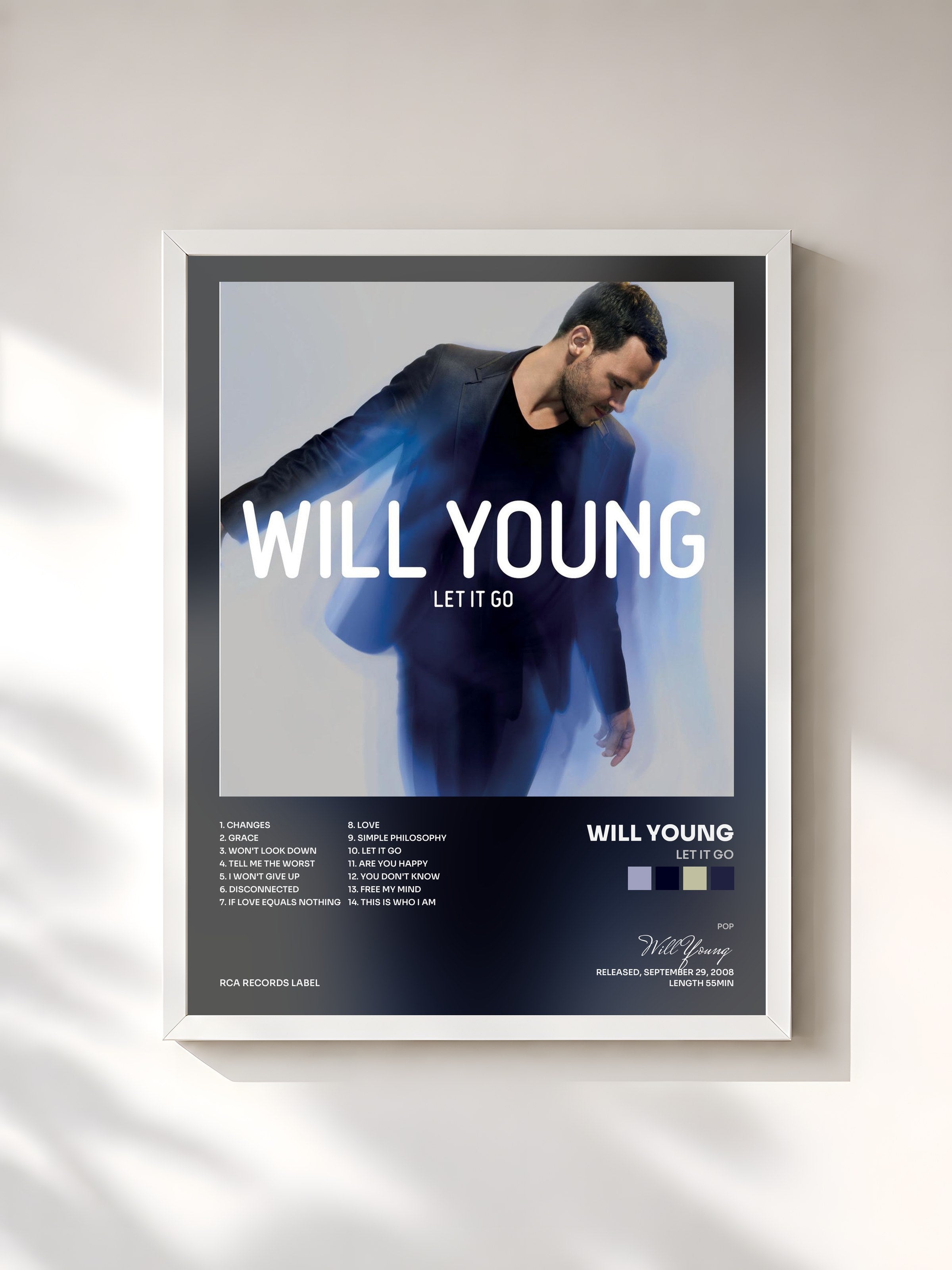 #blanc Tableau de l'album Let It Go de Will Young, cadre blanc, imprimé et encadré en France