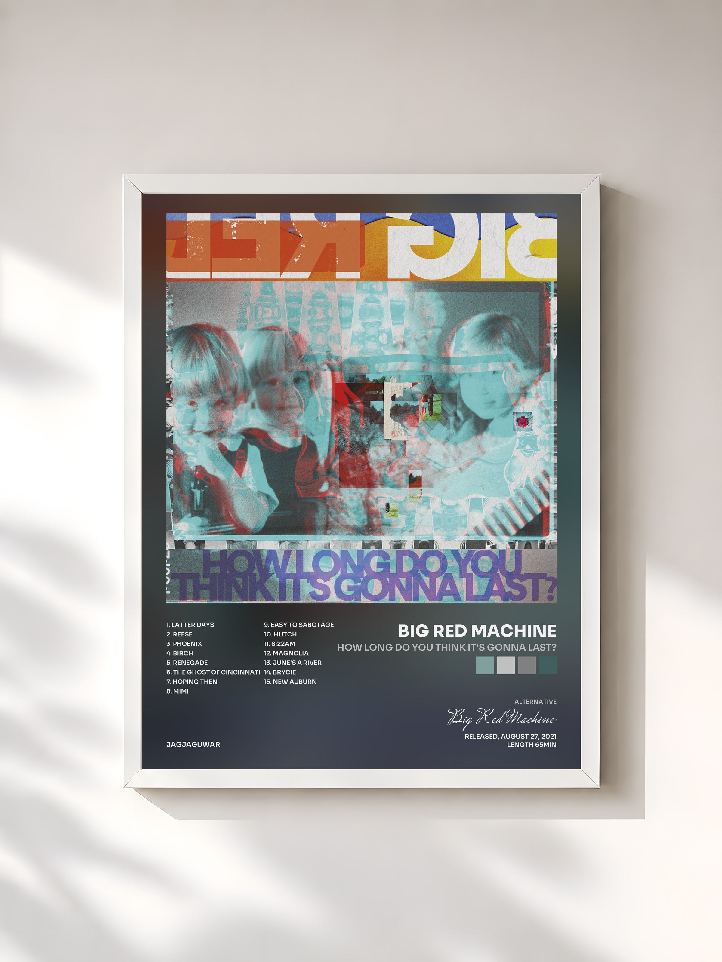 #blanc Tableau de l'album How Long Do You Think It's Gonna Last? de Big Red Machine, cadre blanc, imprimé et encadré en France