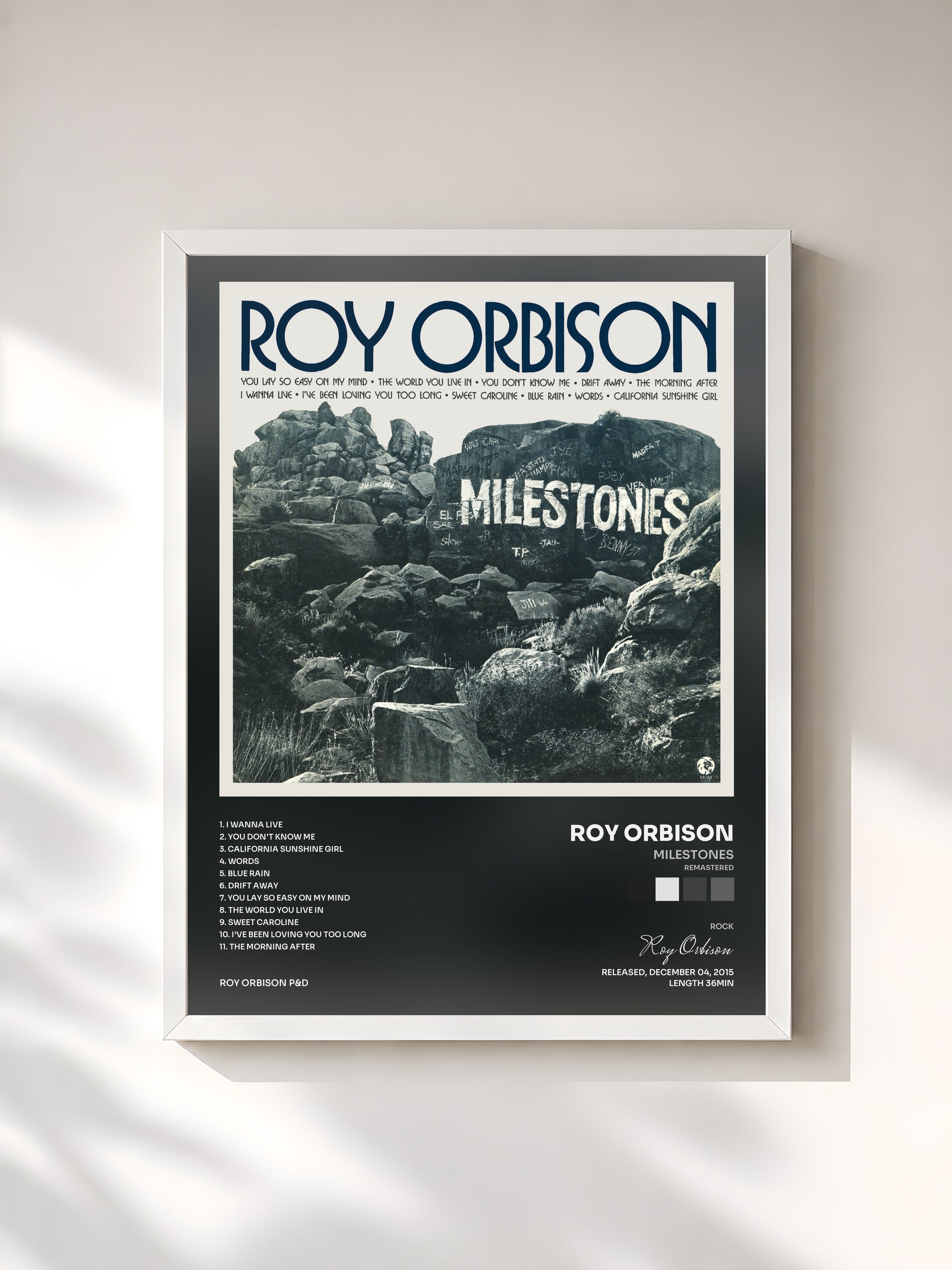 #blanc Tableau de l'album Milestones (Remastered) de Roy Orbison, cadre blanc, imprimé et encadré en France