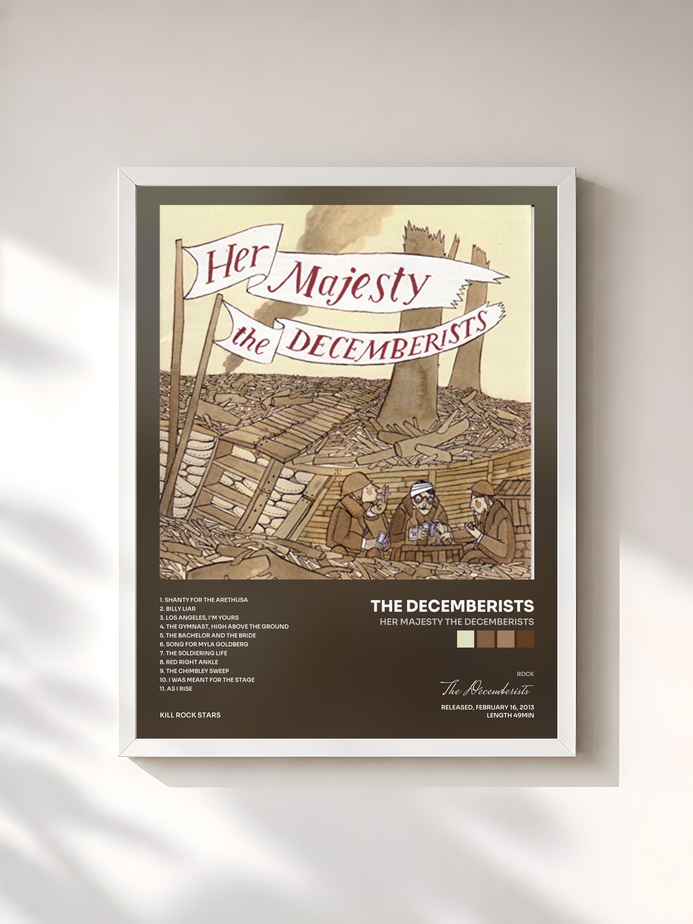 #blanc Tableau de l'album Her Majesty The Decemberists de The Decemberists, cadre blanc, imprimé et encadré en France