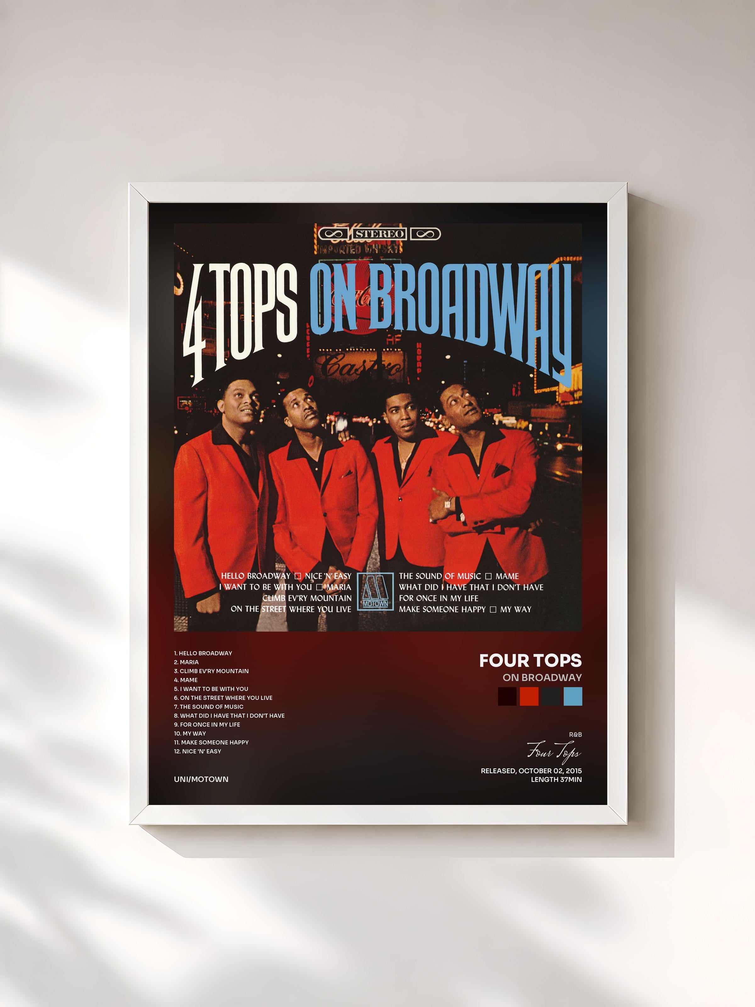 #blanc Tableau de l'album On Broadway de Four Tops, cadre blanc, imprimé et encadré en France
