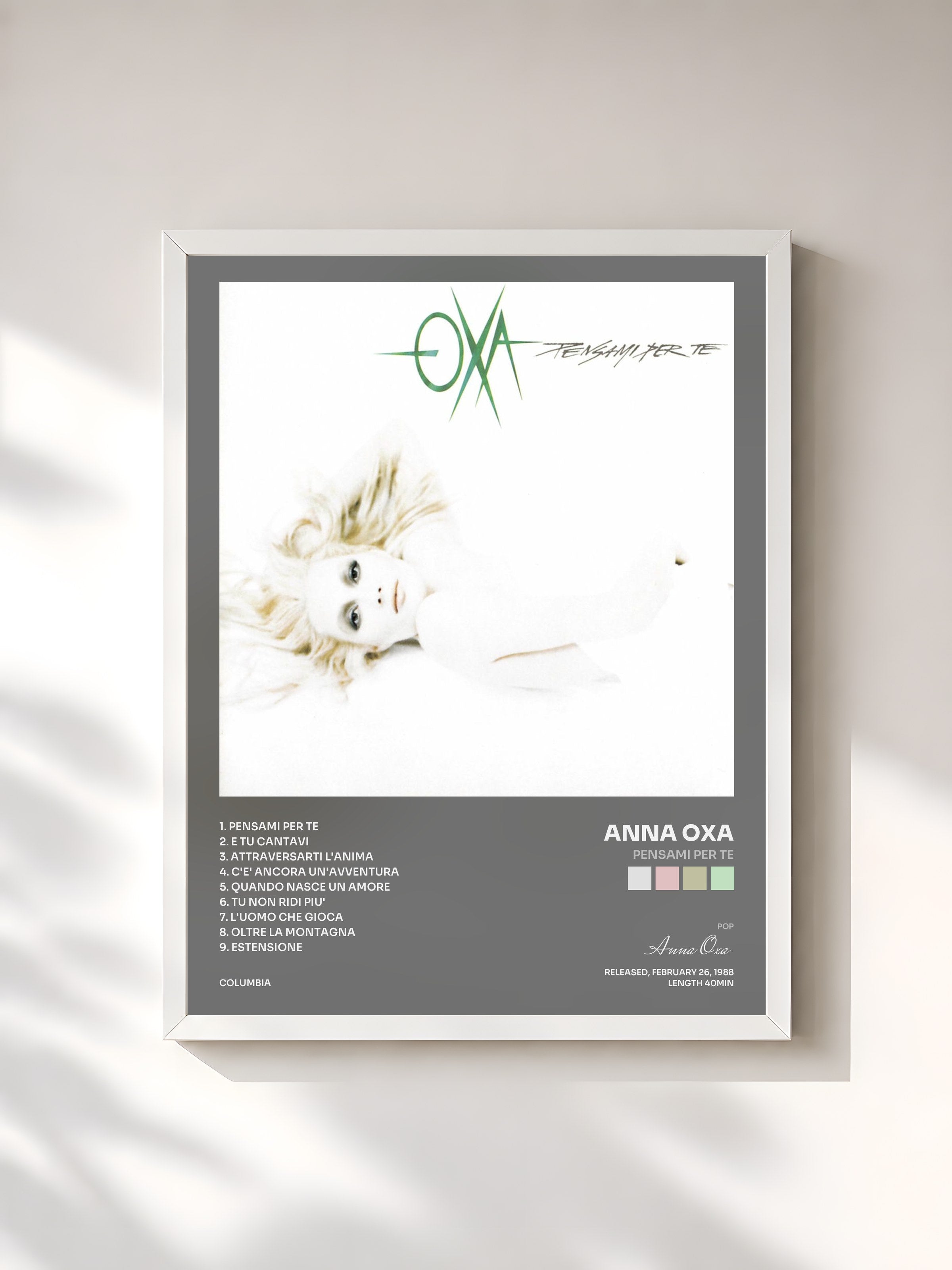 #blanc Tableau de l'album Pensami Per Te de Anna Oxa, cadre blanc, imprimé et encadré en France