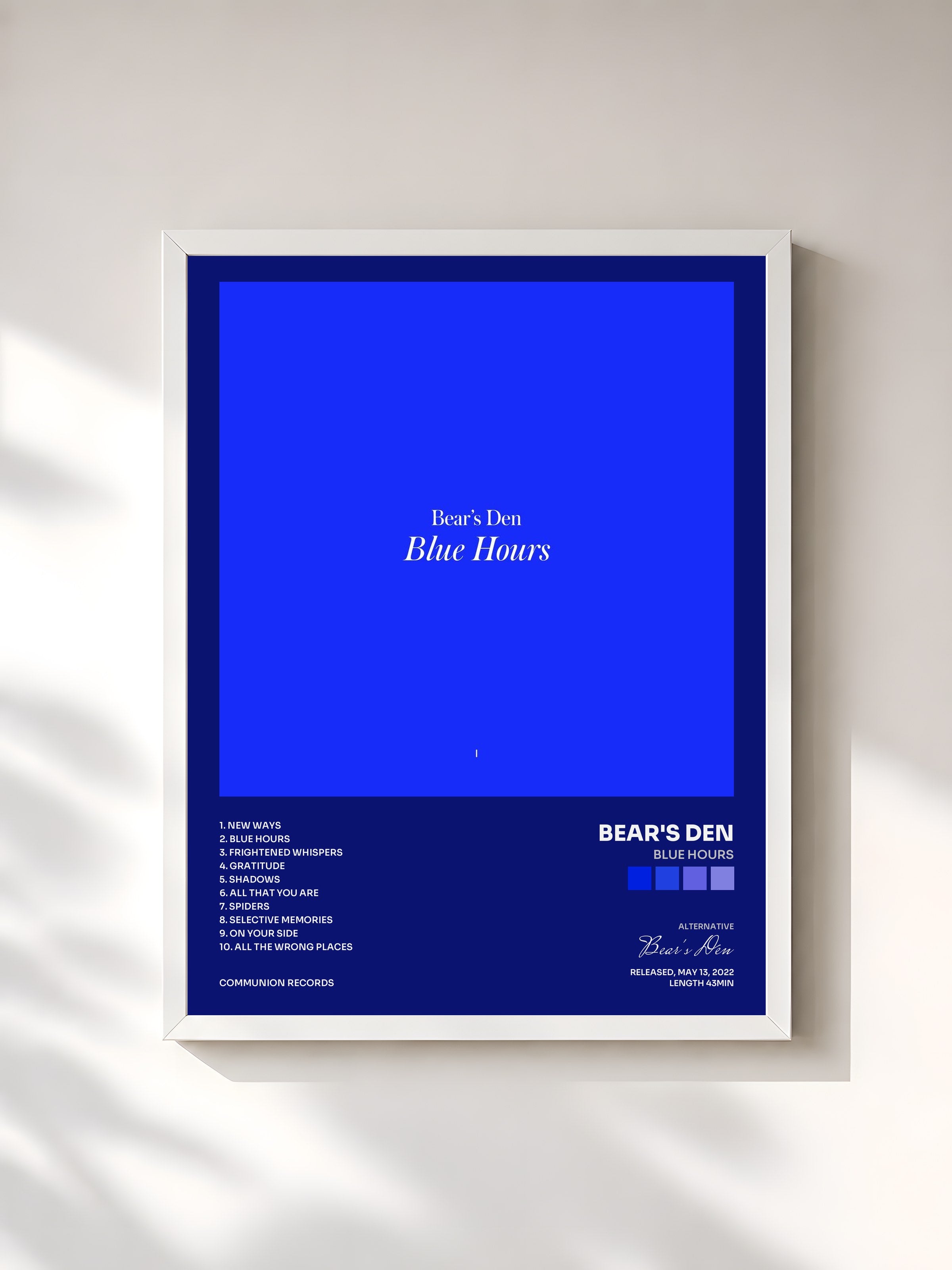 #blanc Tableau de l'album Blue Hours de Bear's Den, cadre blanc, imprimé et encadré en France