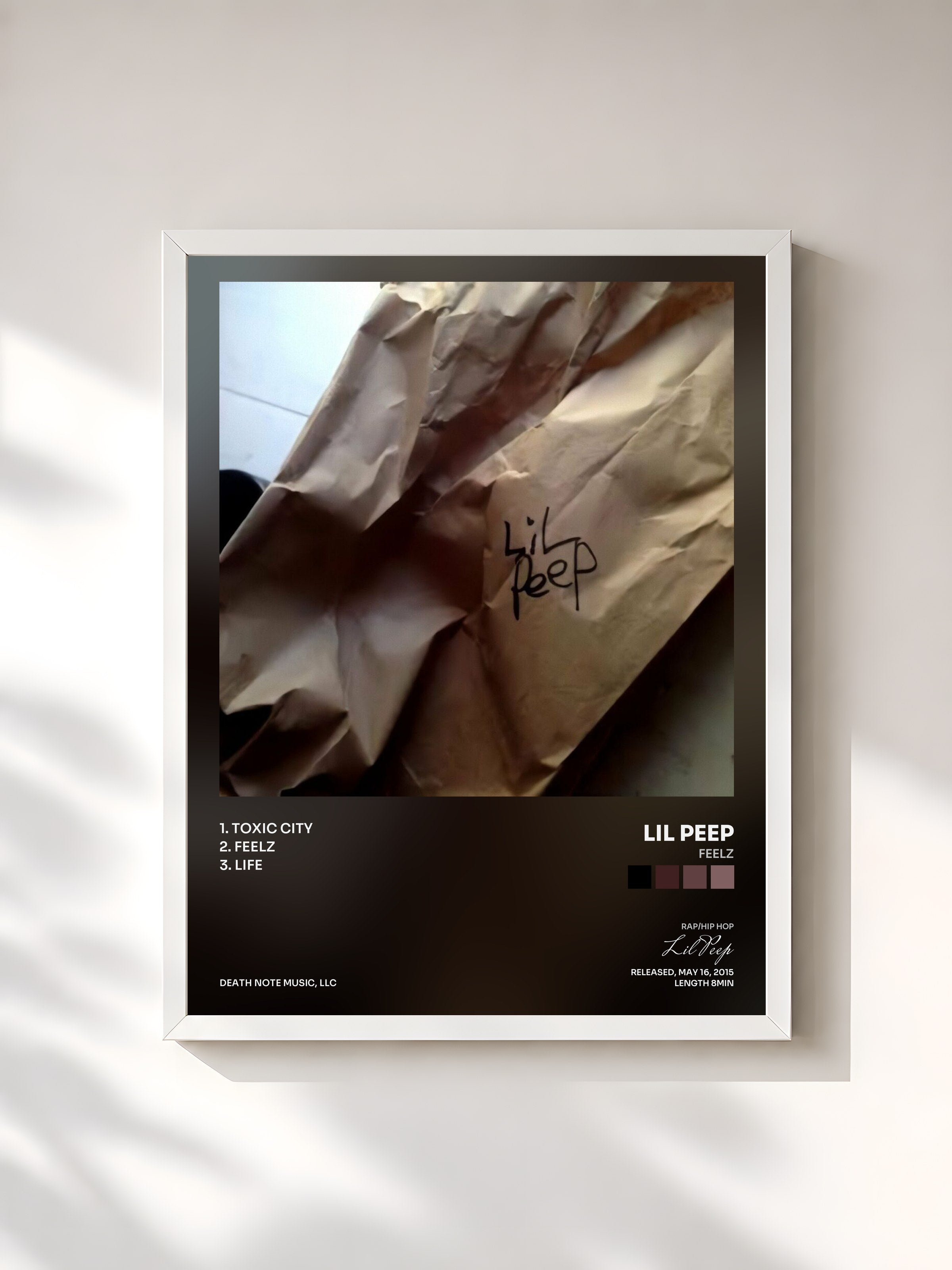 #blanc Tableau de l'album feelz de Lil Peep, cadre blanc, imprimé et encadré en France