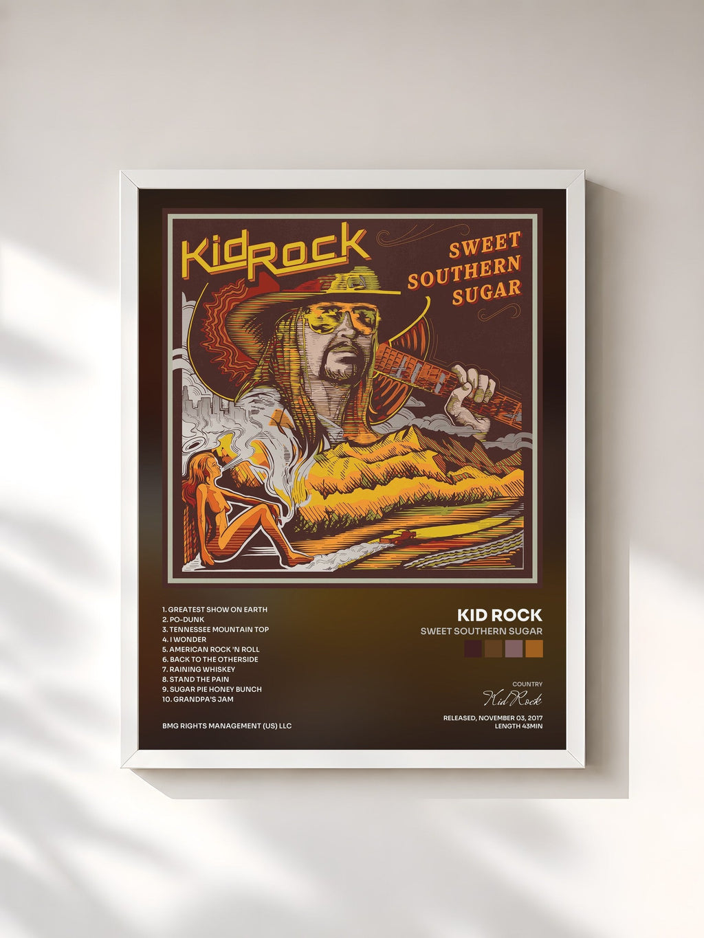 #blanc Tableau de l'album Sweet Southern Sugar de Kid Rock, cadre blanc, imprimé et encadré en France