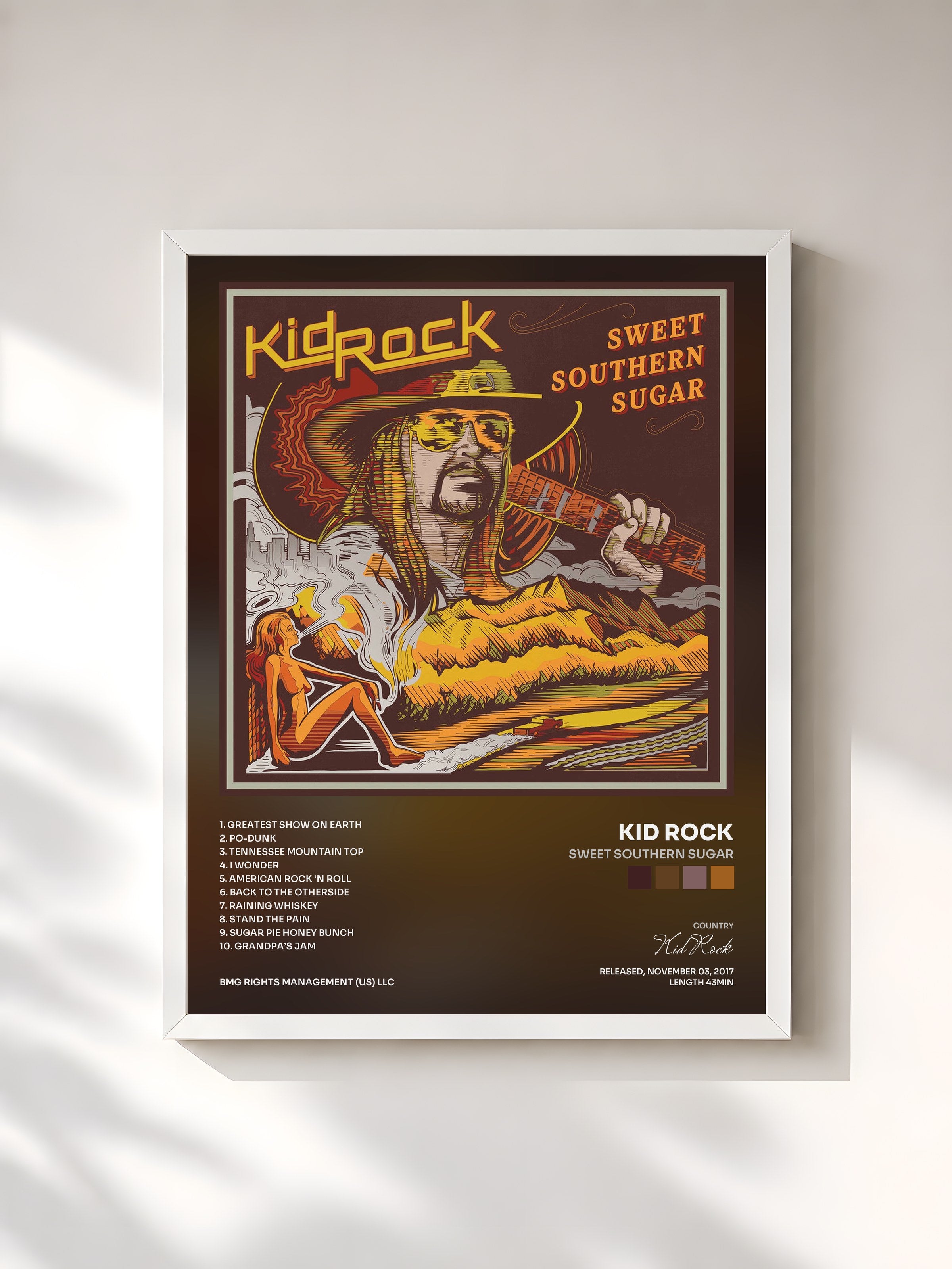 #blanc Tableau de l'album Sweet Southern Sugar de Kid Rock, cadre blanc, imprimé et encadré en France