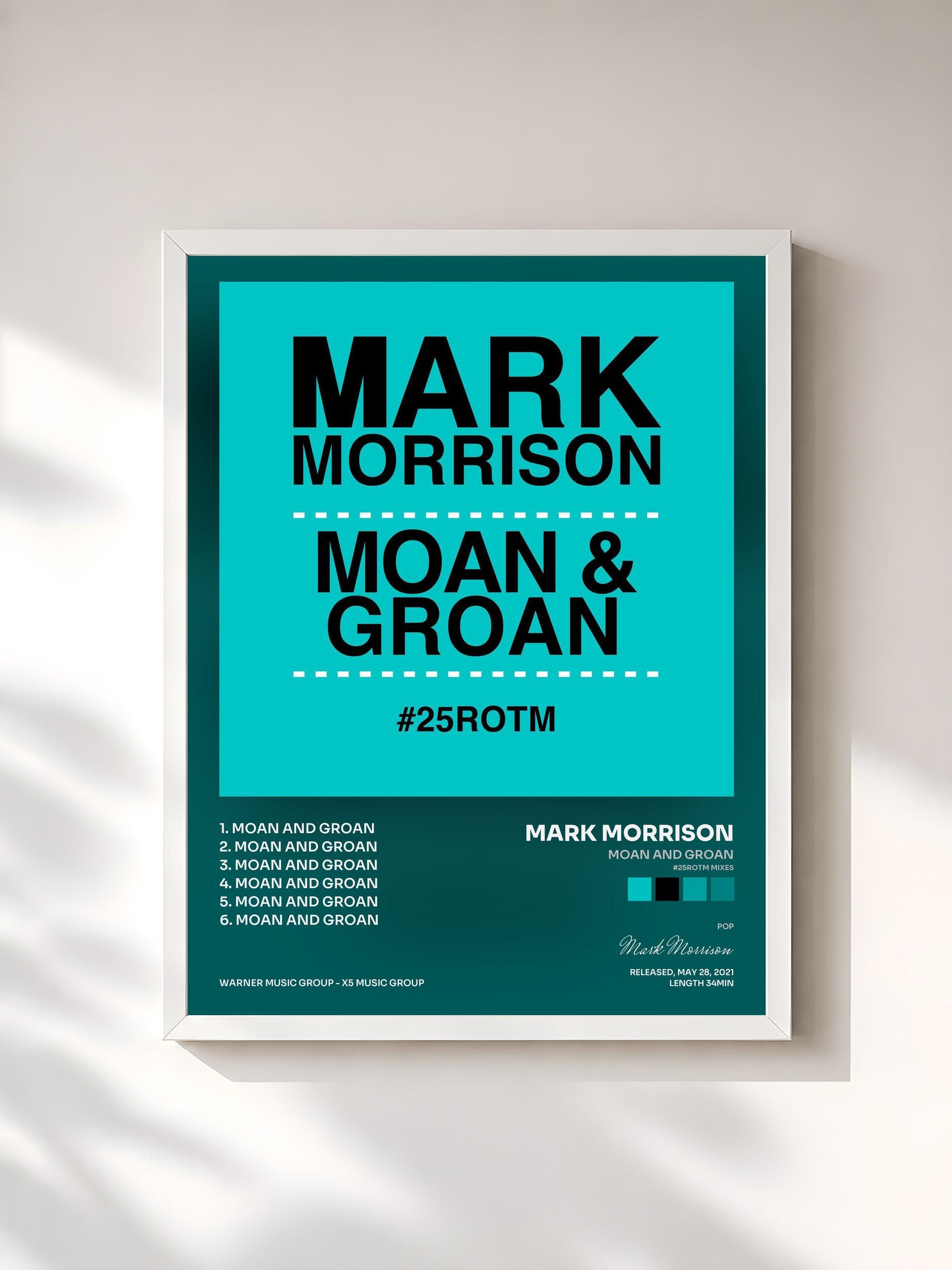 #blanc Tableau de l'album Moan and Groan (#25ROTM Mixes) de Mark Morrison, cadre blanc, imprimé et encadré en France
