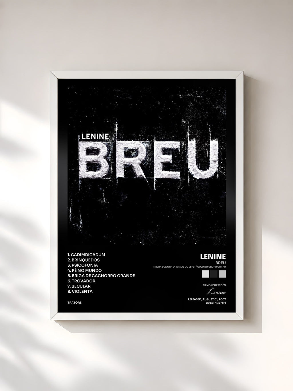 #blanc Tableau de l'album Breu (Trilha Sonora Original do Espetáculo do Grupo Corpo) de Lenine, cadre blanc, imprimé et encadré en France