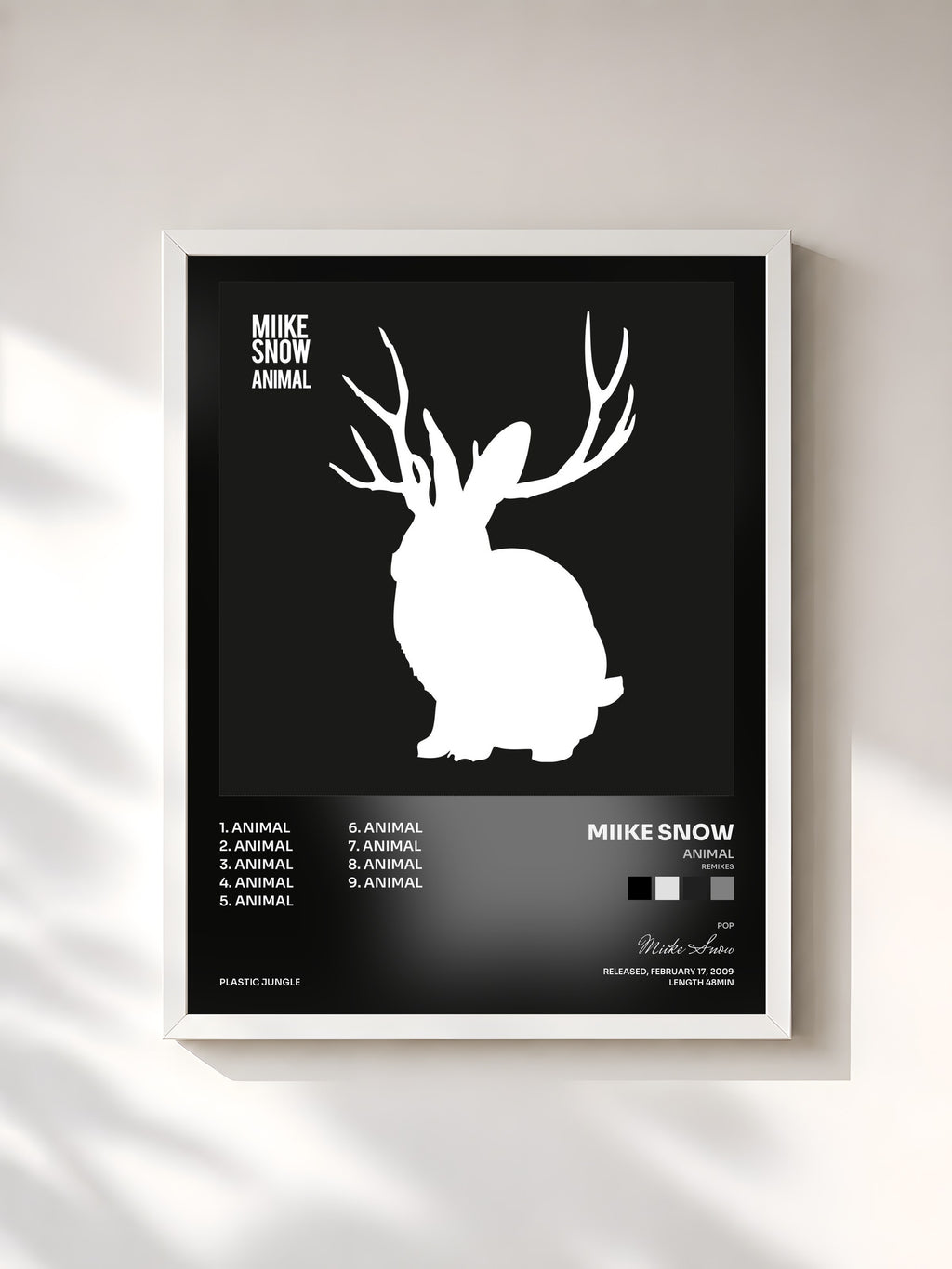 #blanc Tableau de l'album Animal (Remixes) de Miike Snow, cadre blanc, imprimé et encadré en France