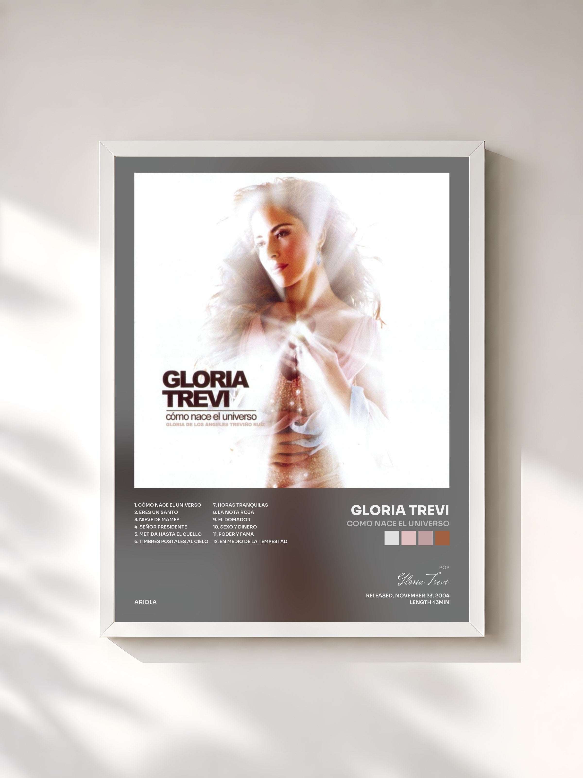 #blanc Tableau de l'album Como Nace El Universo de Gloria Trevi, cadre blanc, imprimé et encadré en France