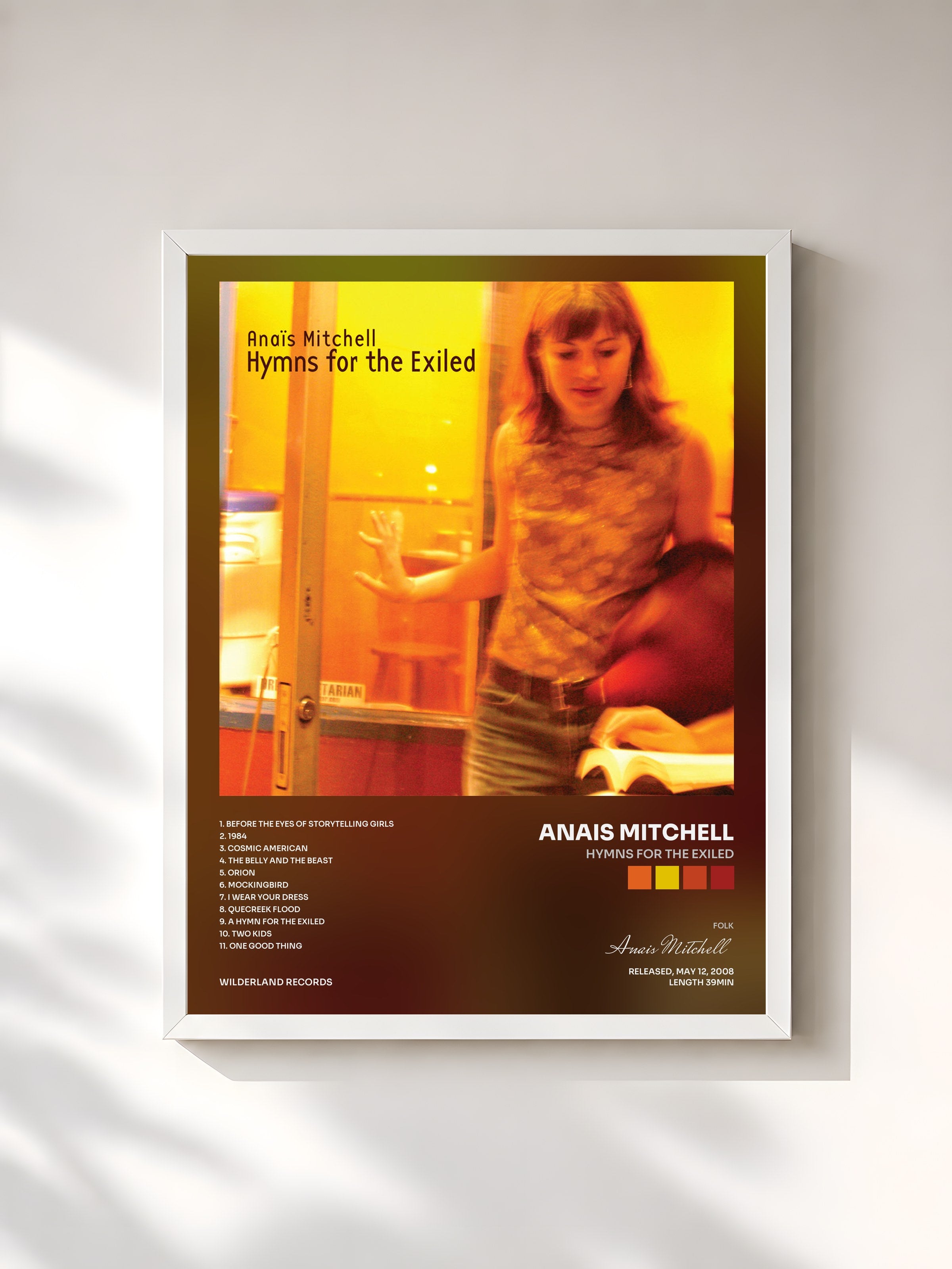 #blanc Tableau de l'album Hymns for the Exiled de Anais Mitchell, cadre blanc, imprimé et encadré en France