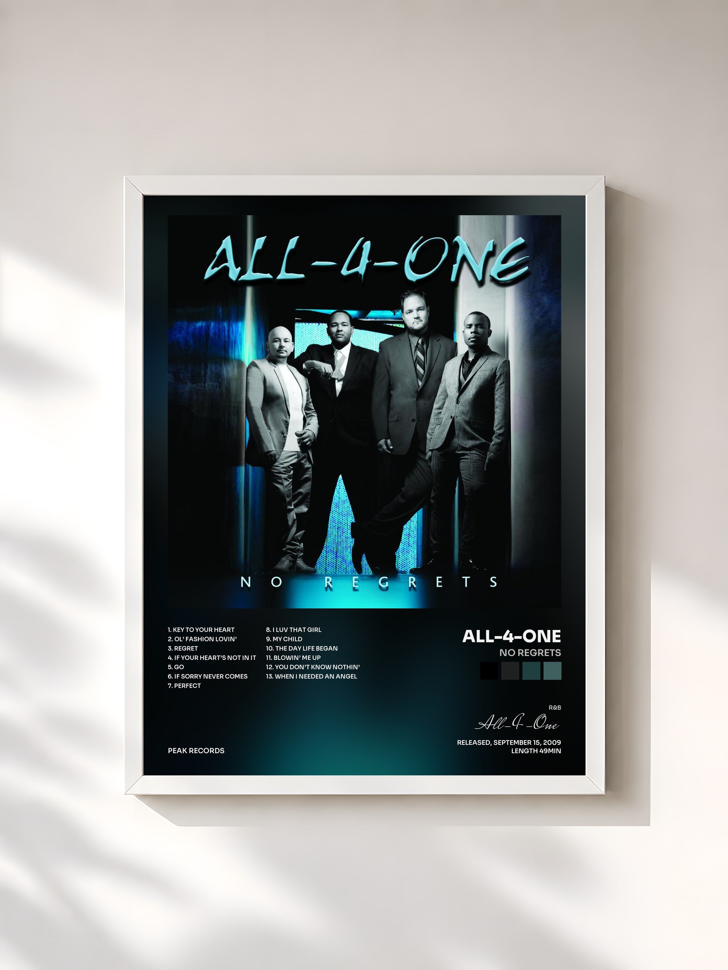 #blanc Tableau de l'album No Regrets de All-4-One, cadre blanc, imprimé et encadré en France