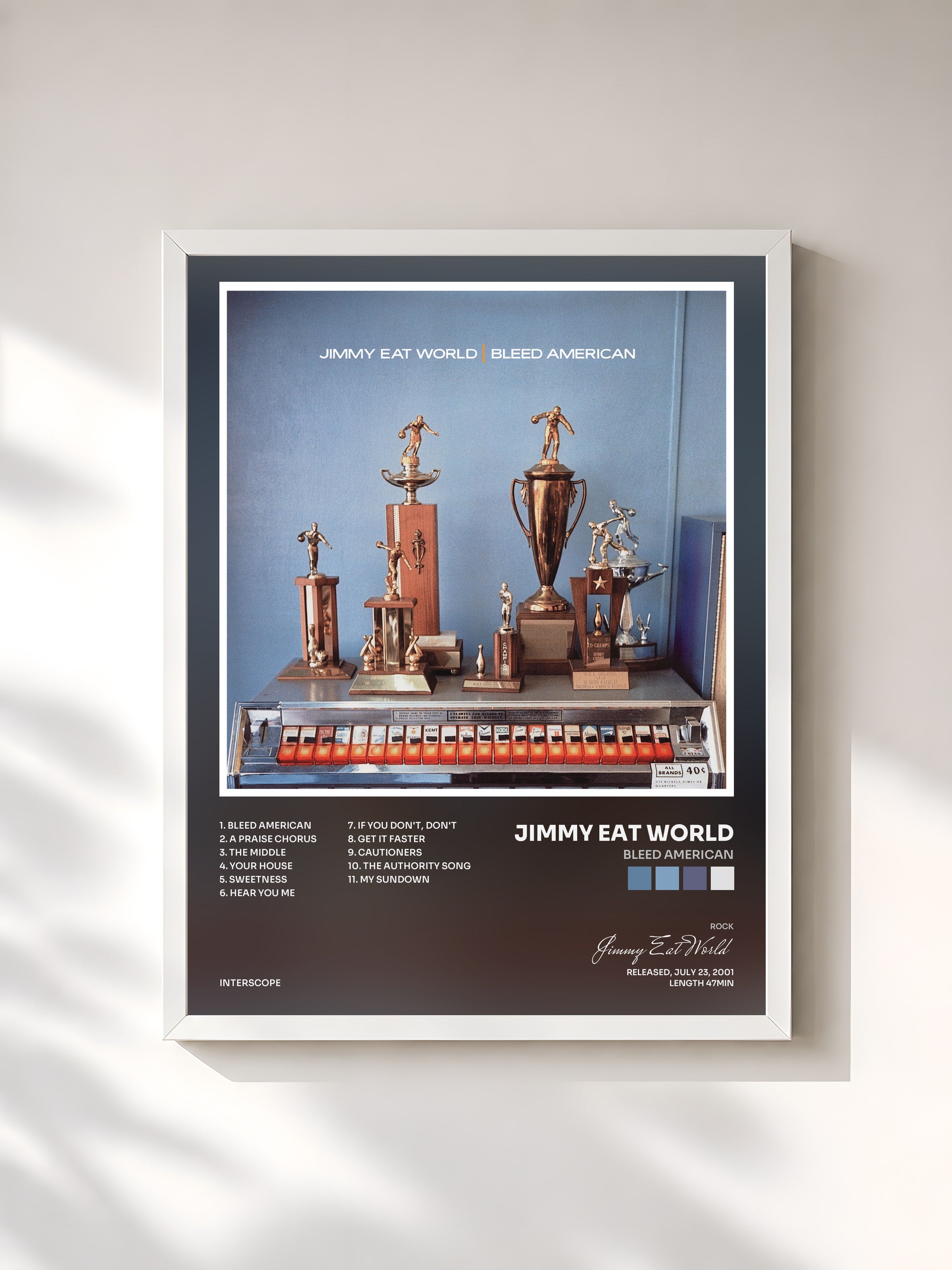 #blanc Tableau de l'album Bleed American de Jimmy Eat World, cadre blanc, imprimé et encadré en France