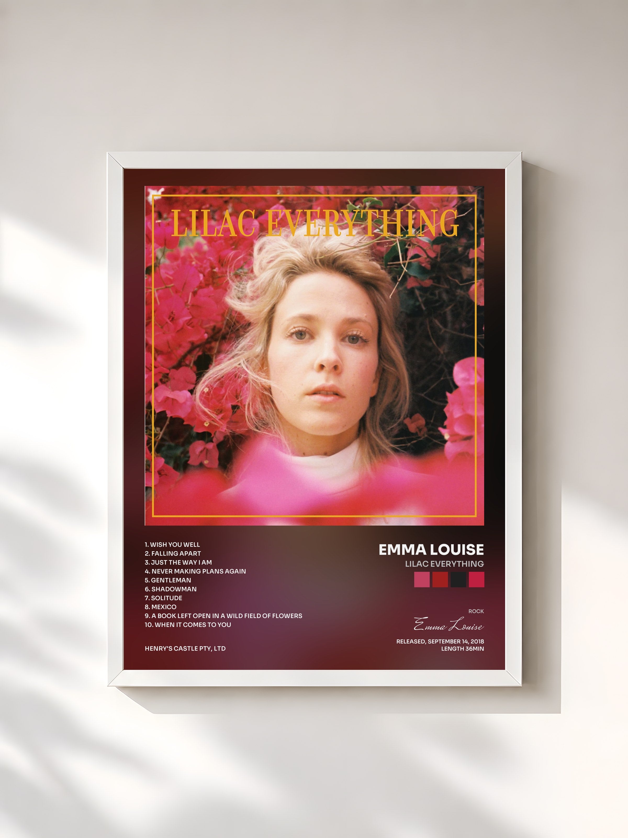 #blanc Tableau de l'album Lilac Everything de Emma Louise, cadre blanc, imprimé et encadré en France