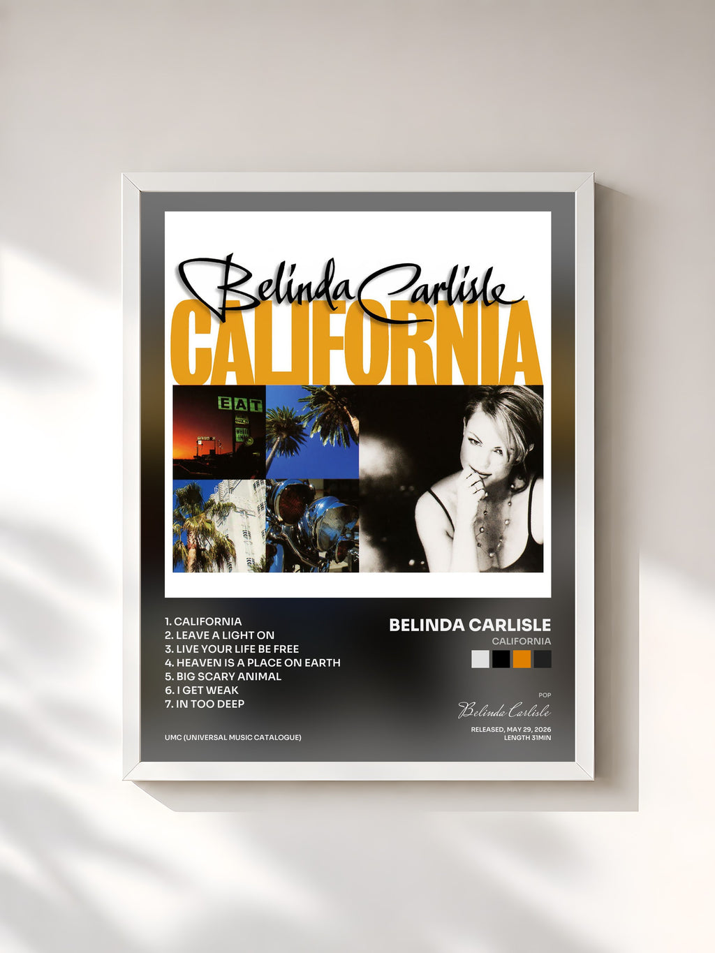 #blanc California by Belinda Carlisle as a framed art print, white frame, printed and framed in France