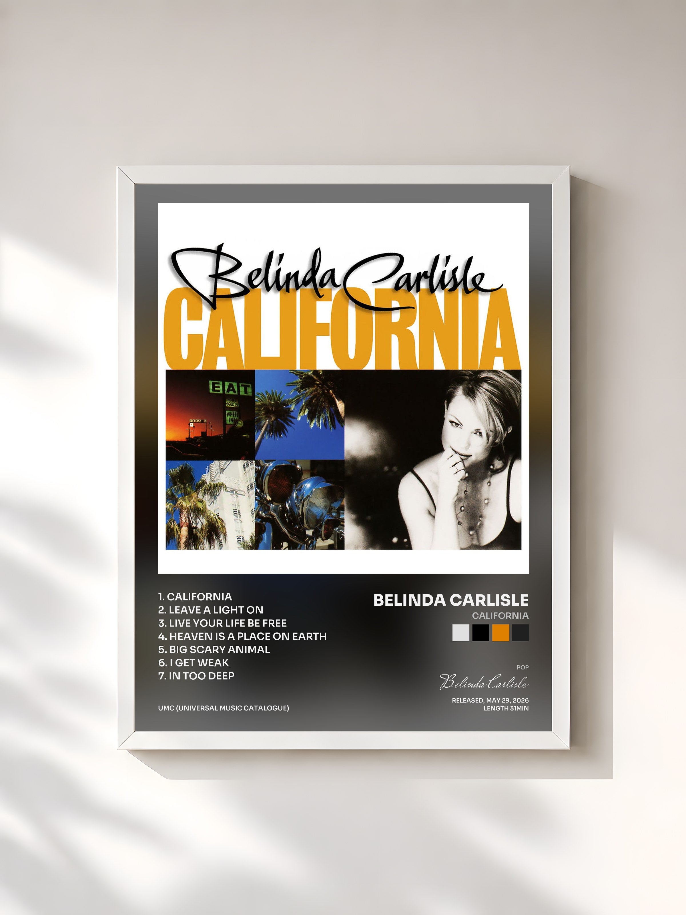 #blanc Tableau de l'album California de Belinda Carlisle, cadre blanc, imprimé et encadré en France