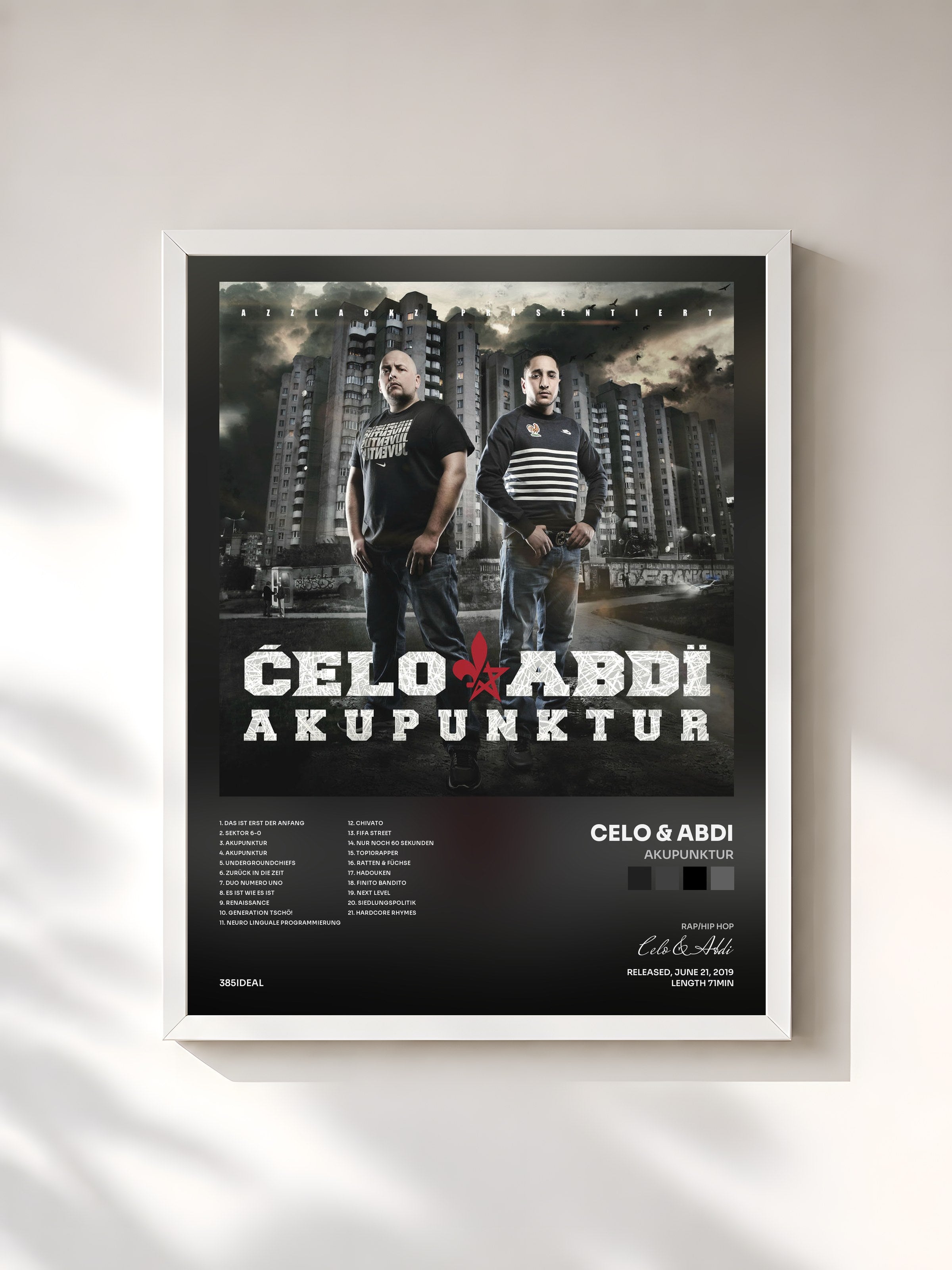 #blanc Tableau de l'album Akupunktur de Celo & Abdi, cadre blanc, imprimé et encadré en France