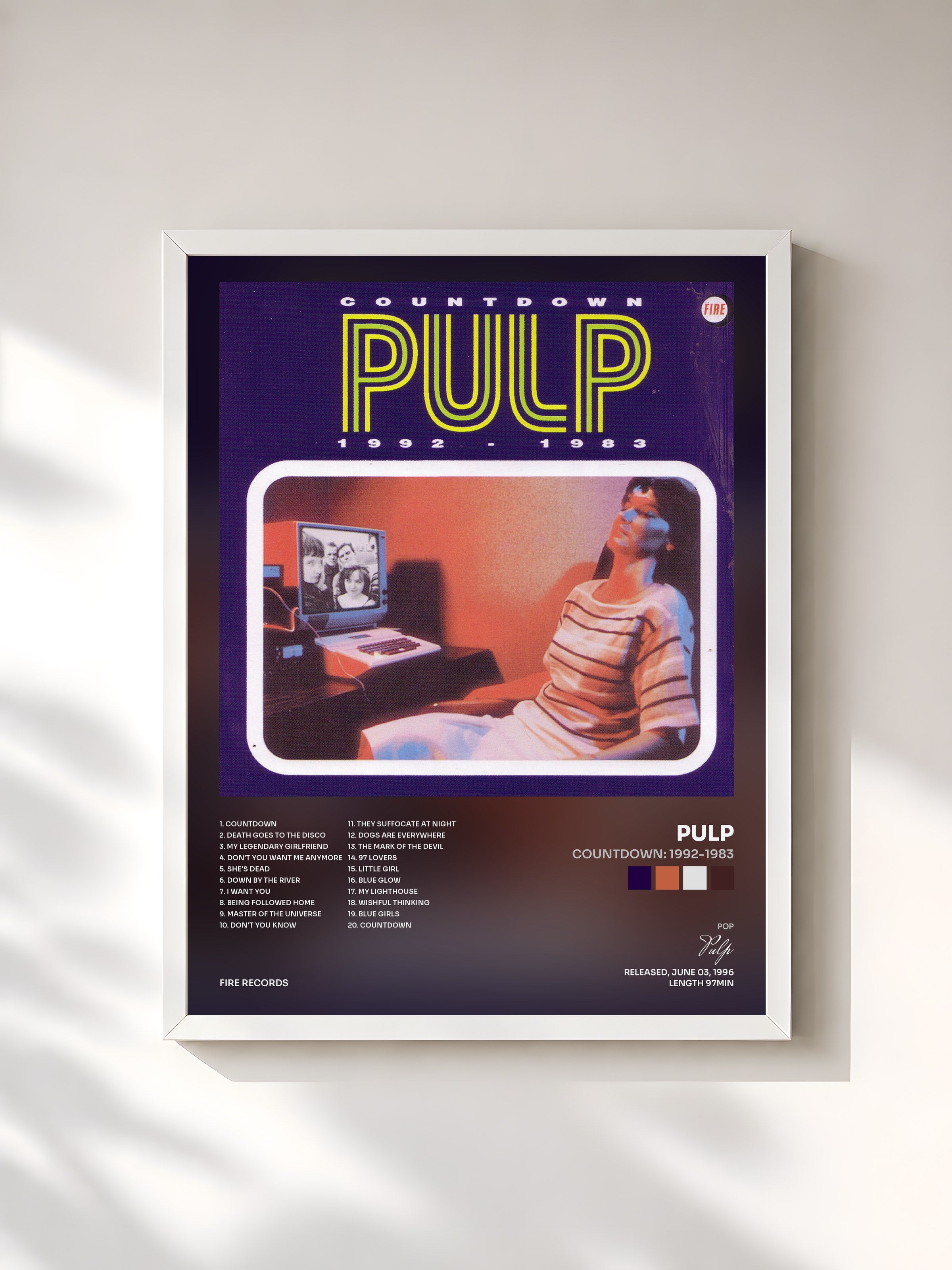 #blanc Tableau de l'album Countdown: 1992-1983 de Pulp, cadre blanc, imprimé et encadré en France